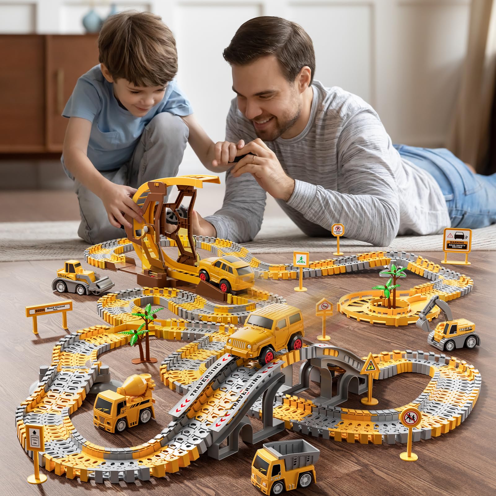 299 piezas de pistas de carreras de construcción para niños, 6 piezas de autos de ingeniería y pista de carreras flexible crea un camino de ingeniería, regalos juguetes para niños de 3, 4, 5, 6 6