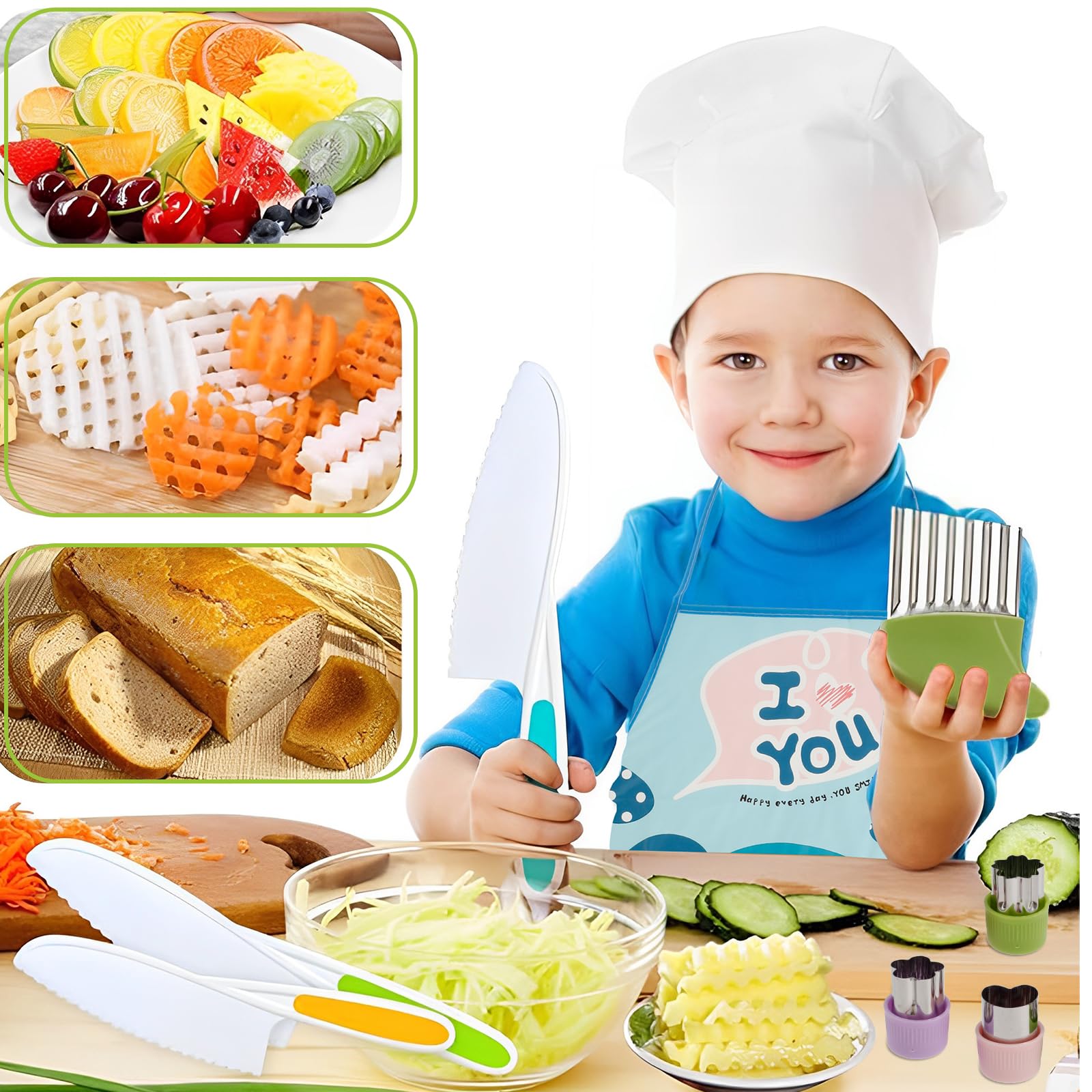 US 17Pcs Kids Cooking Set Safe Toddler Kitchen Tools Educational Montessori Kitchen Set Portable Kids Cutter Set Include Apron Cutting Board Peeler and More for Kids Cooking(17pcs kitchenware set)