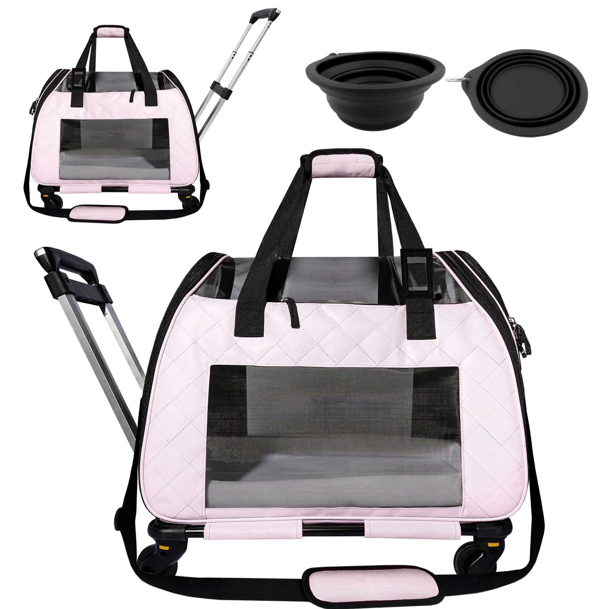 Rolling Large Cat & Small Dog Carrier with Wheels | Collapsible Pet Travel Bag for Cats Up to 35 LBS | Pups Under 20 LBS | Car Seat Carrier for Safe Pet Travel | Not for Airlines