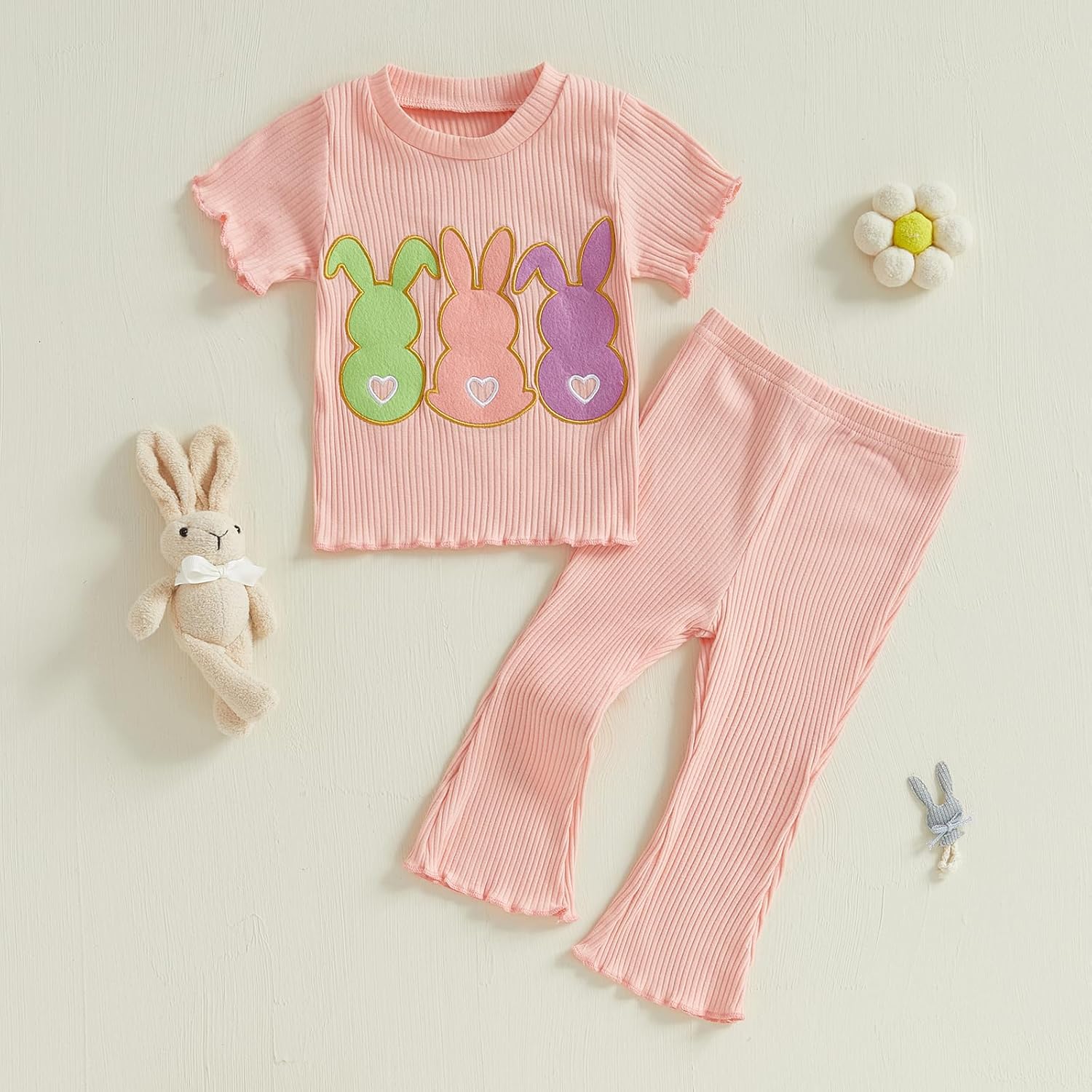 Infant Baby Girl Easter Outfit Knit Ruffle Short Sleeve Shirts with Pants Set Toddler Baby Girl Bunny Clothes - Image 2
