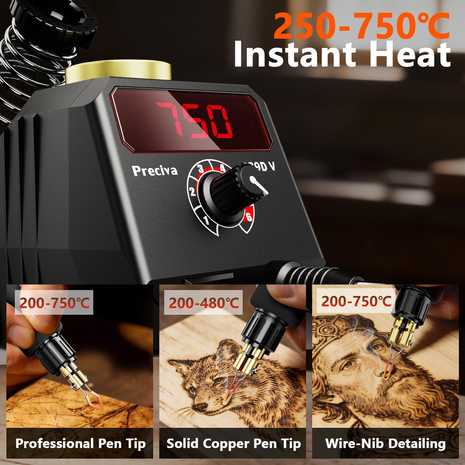 Preciva 939D-VI Brandmalstift, Handwerksset zum Holzschnitzen mit einstellbarer Temperatur, Holzschnitzstift mit Softgriff, 20 Brandmalspitzen, 12 Holzblöcke – für Brandmalerei auf Holz und Leder