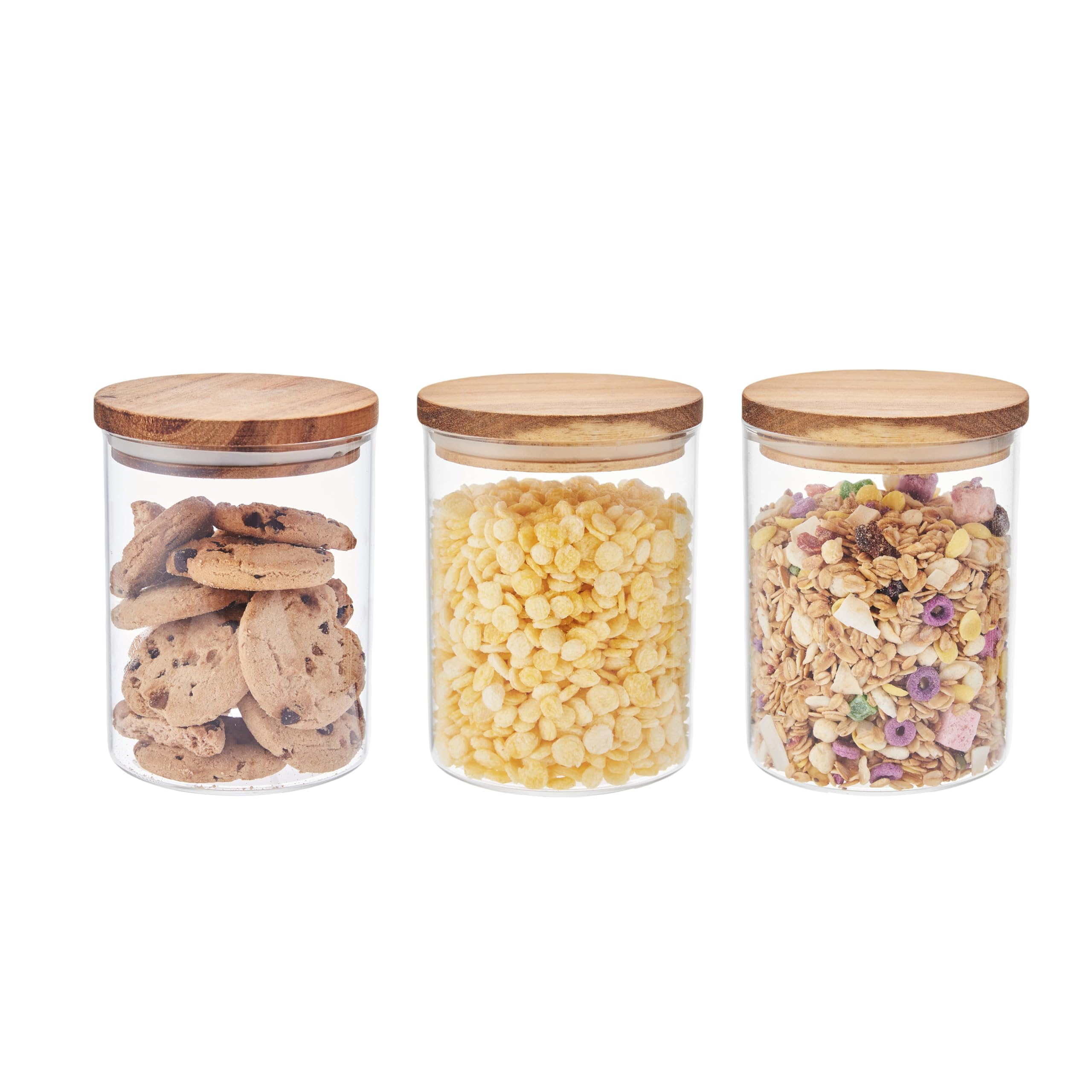Eden & Willow Glass Kitchen Storage Canister Jars with Airtight Acacia Wooden Lids (Pack of 3 Jars), Borosilicate Glass Food Storage Containers for Kitchen Pantry Organisation (3, 0.8L)