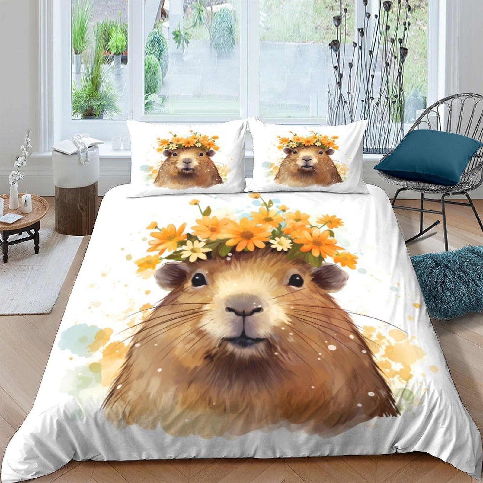 Ctjqhvkz Style-9 3D Printed Capybara Flower Crown Fitted Sheet Microfiber Anti-Slip Bed Sheet For Bedroom Guest Room Decor Single（135X200cm）