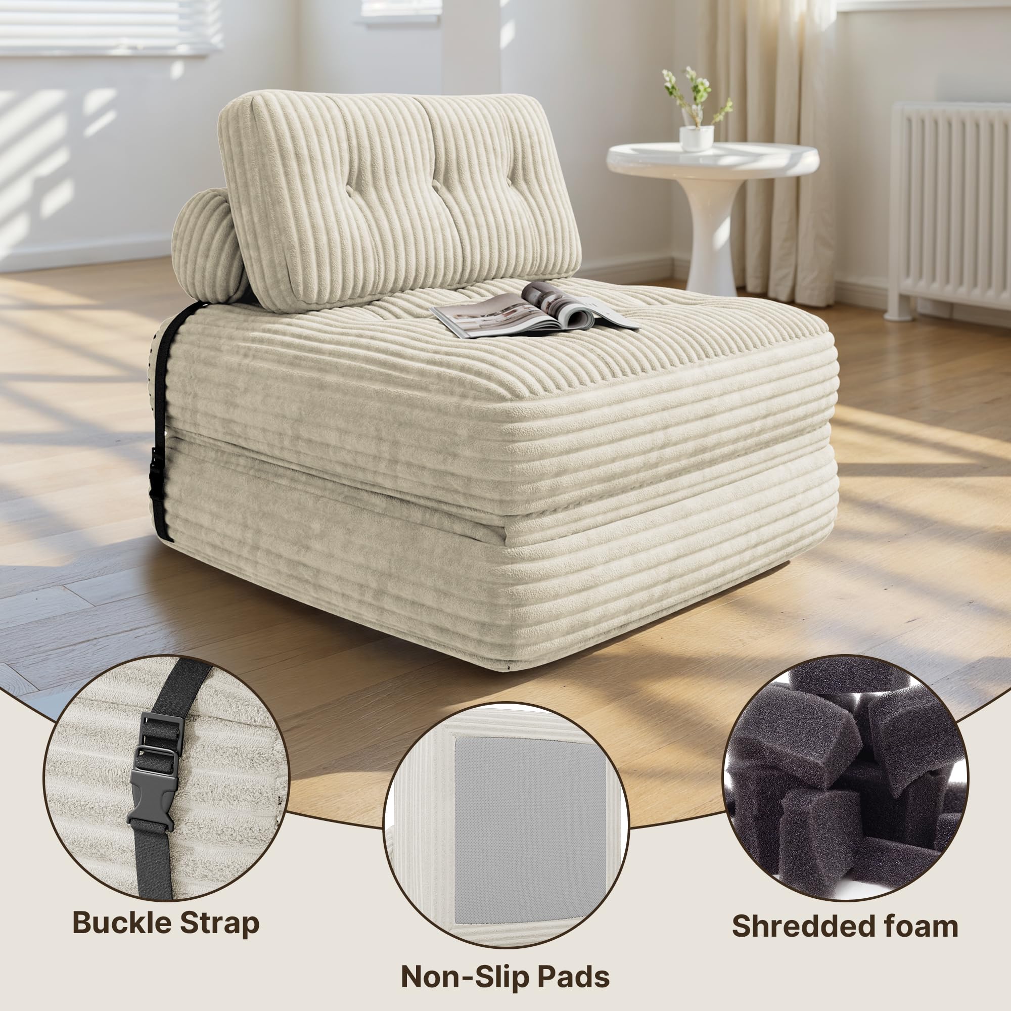 Xbro Canapé-lit Convertible 1 Place 170 x 85 cm, Canapé de Sol Convertible, Matelas Pliant Sofa en Mousse à Mémoire de Forme, Pliable Chambre Salon,Beige