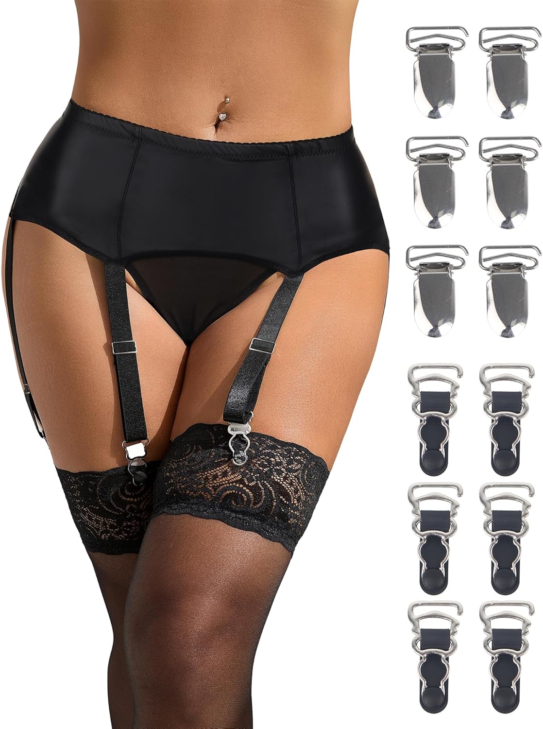 6 Straps PU Leather Garter Belt With 12 Metal Clips for Thigh High Stockings Elastic Belt Suspenders Black S-2XL