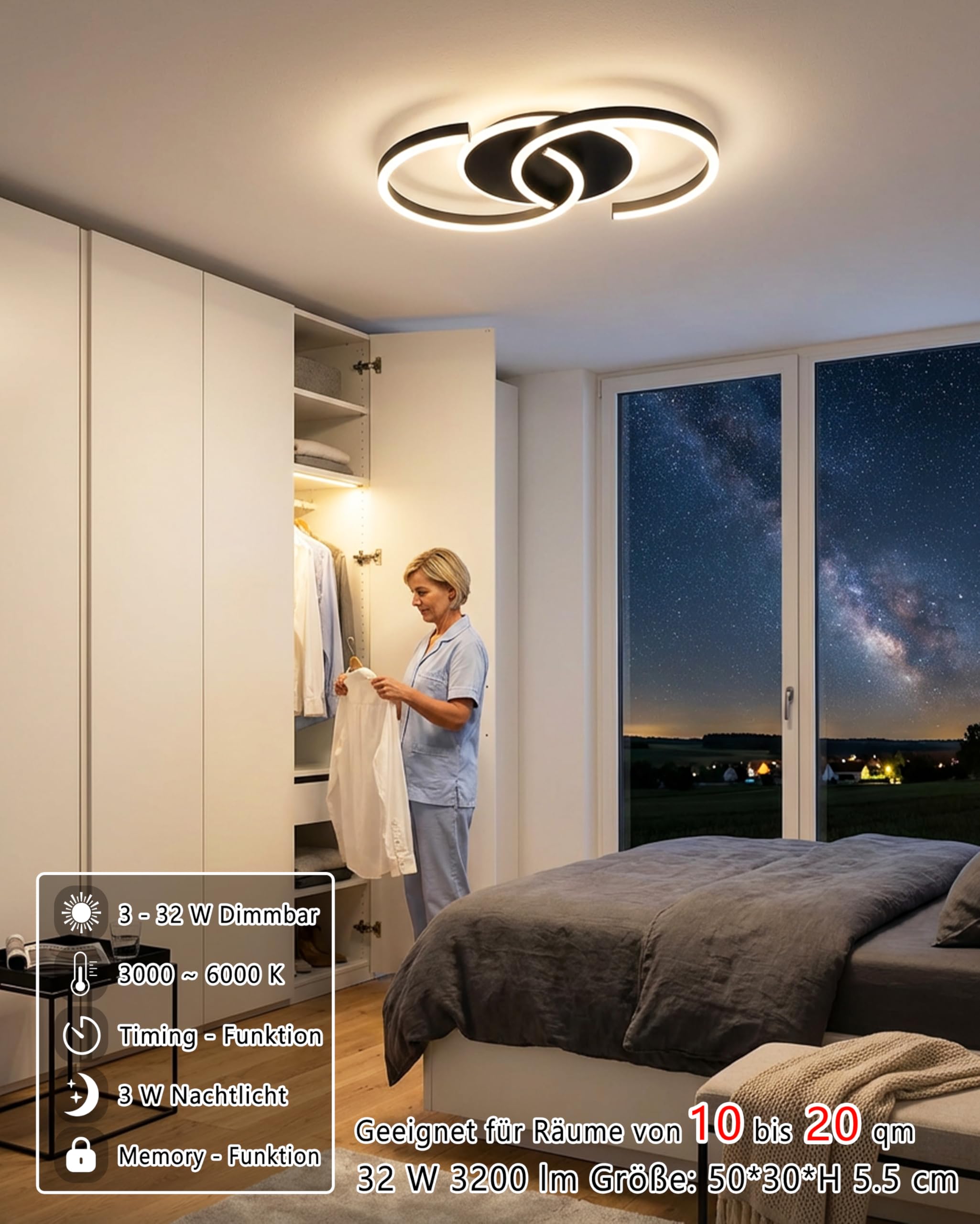 LED Deckenleuchte Dimmbar schwarz „S“ 2-Ringe, 50cm 32W Farbtemperatur 3000-6000K, Helligkeit 3-32W, Mit Fernbedienung/Mobile APP, Für Schlafzimmer, Wohnzimmer, Mit Memory-Funktion, 3W Nachtlicht