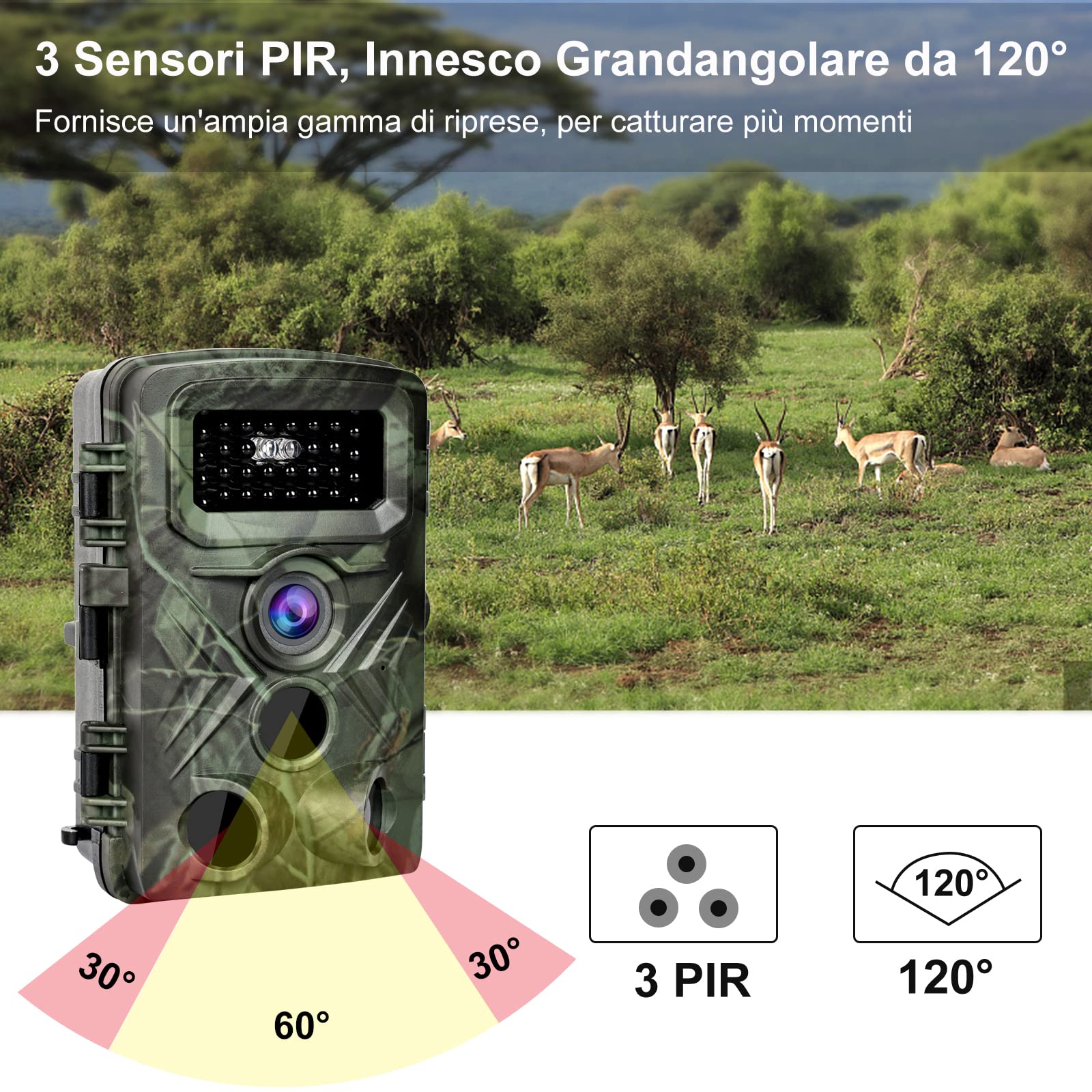 Fototrappola Fotocamera Caccia, 120° Fototrappole Infrarossi Invisibili con Scheda 32GB, 58MP 2,7K Foto Trappola di Sorveglianza con LCD 2.0" per Animali Movimento Attivato Visione Notturna