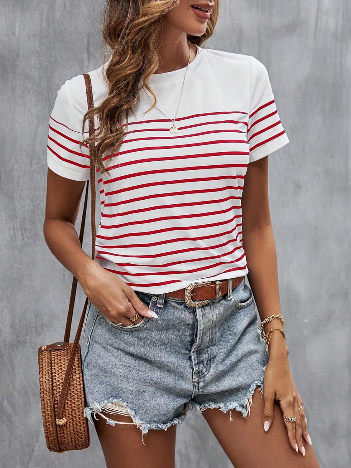 SweatyRocks Women's Short Sleeve T Shirt Striped Print Round Neck Casual Soft Knit Tee Top - Image 4