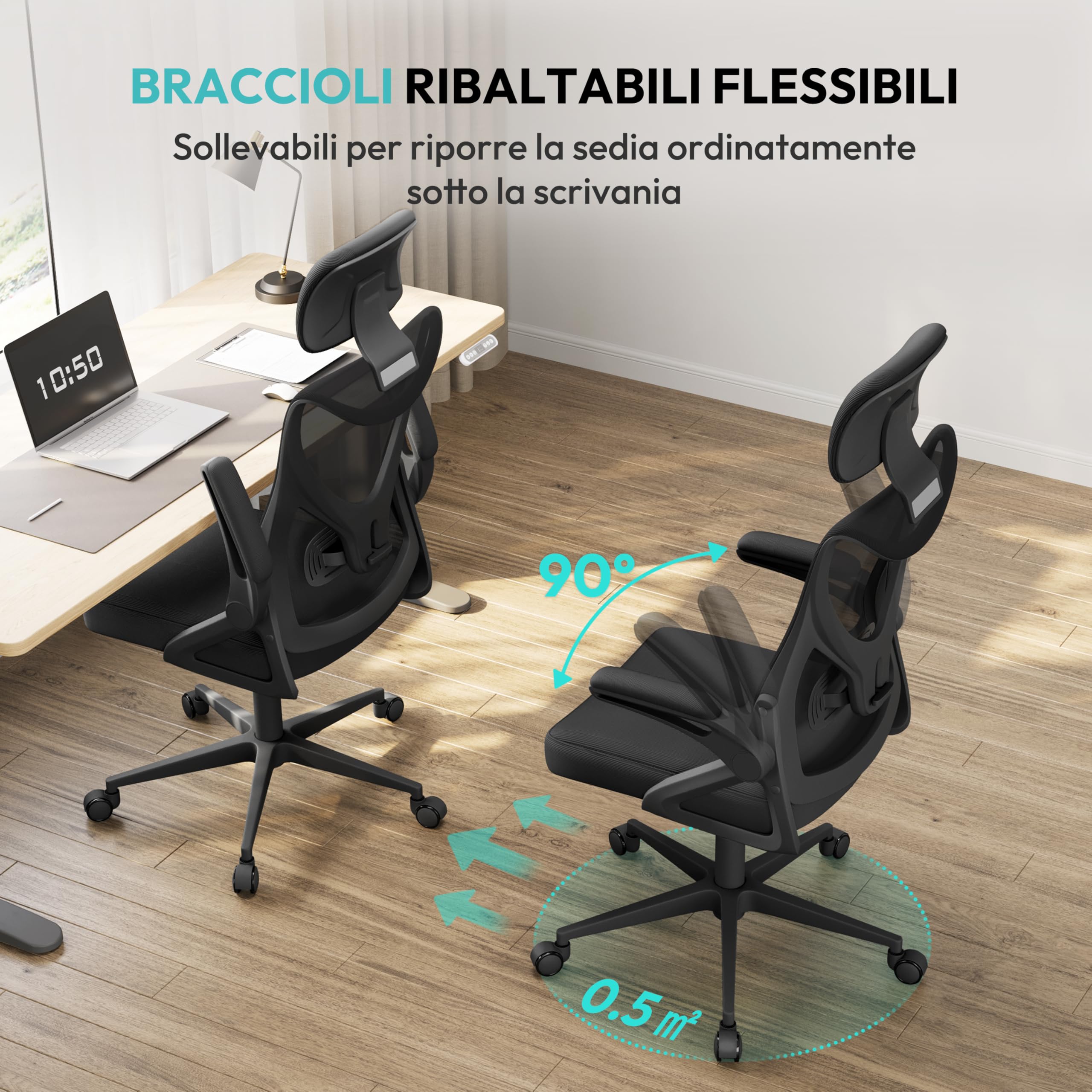 Yaheetech Sedia Ufficio Ergonomica con Braccioli Poggiatesta Regolabile Schienale Alto Funzione Dondolo Poltrona Scrivania Girevole in Rete Traspirante con Supporto Lombare Nera