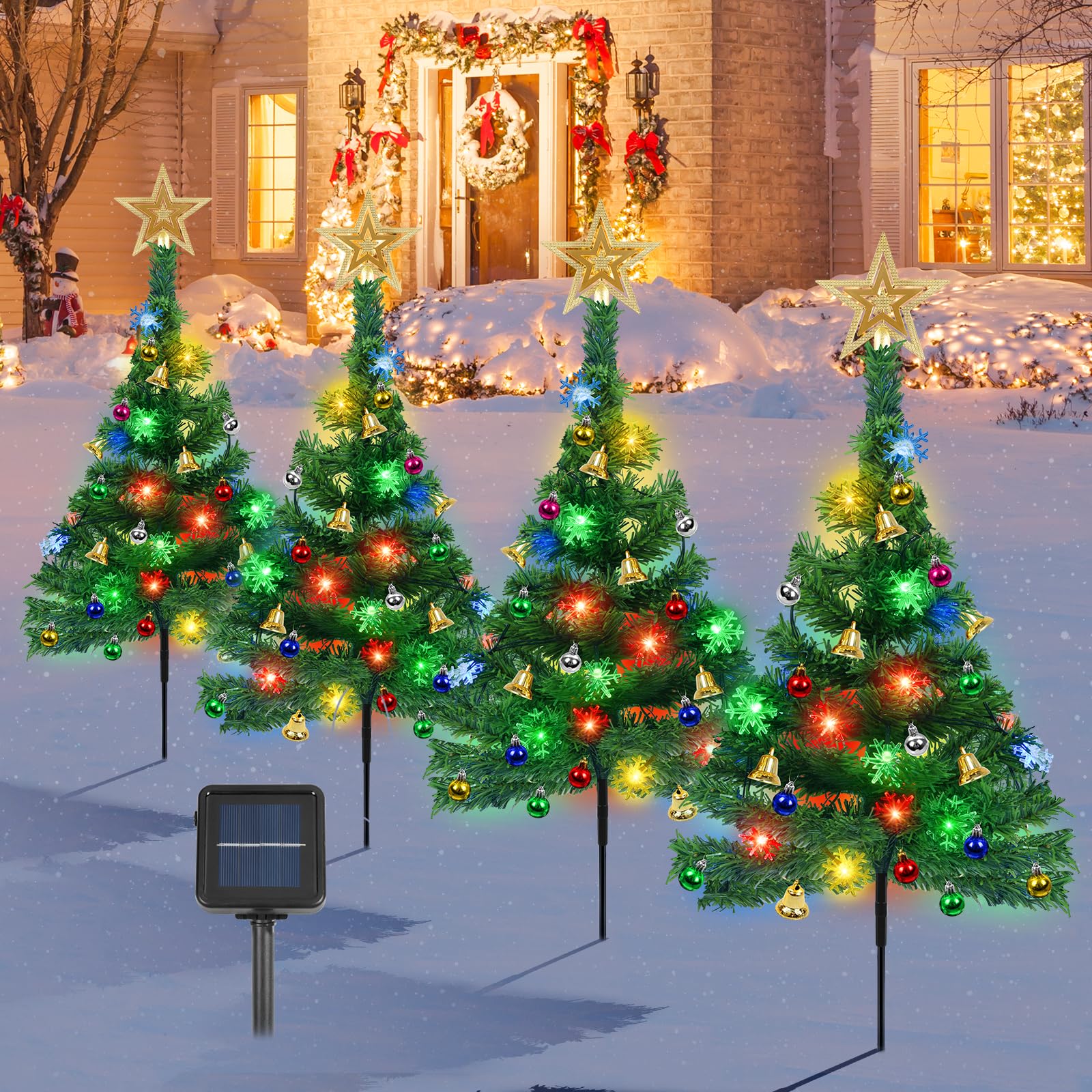 Albero di Natale con Luce Solare, 4 Pezzi Luci Solari Albero con 80 LED Fiocco di Neve Catena Luminosa, Stella di Natale per Albero, Lampade Solari Natalizie Decorazioni per Giardino Esterno Patio