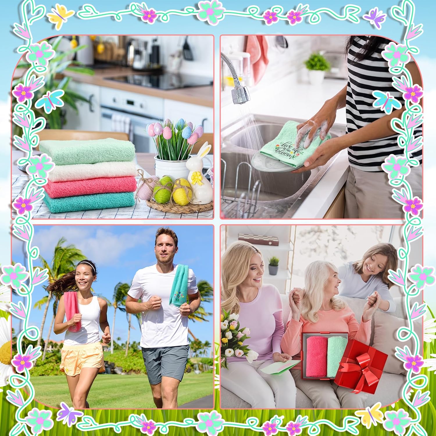 Pickmesh 4 Pcs Spring Hand Towels Set Cotton Embroidered Kitchen Towels Bunny Eggs Floral Dish Towels 13.3 x 29 Inches Flowers Decorative Bathroom Gift Set for Holiday Housewarming Gift