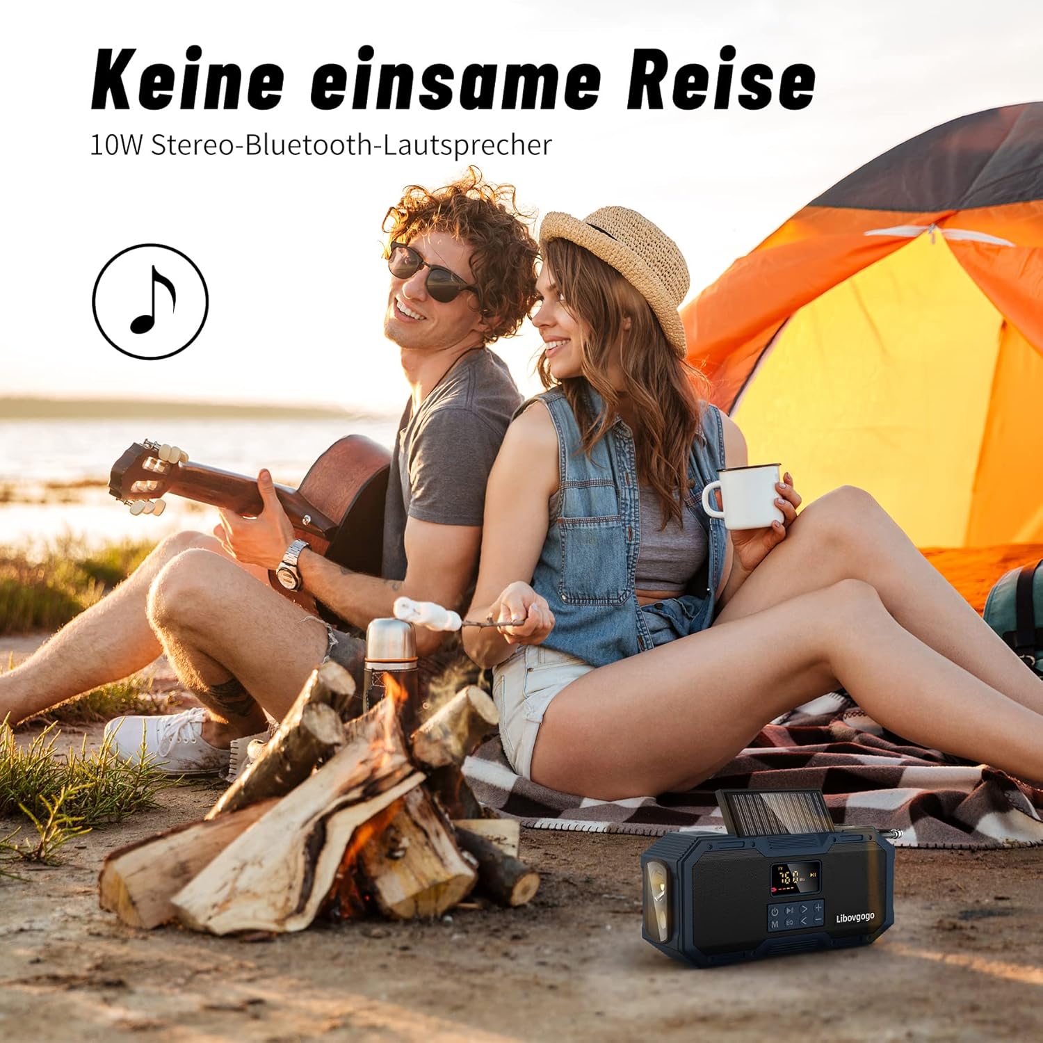 Couple camping with Bluetooth speaker