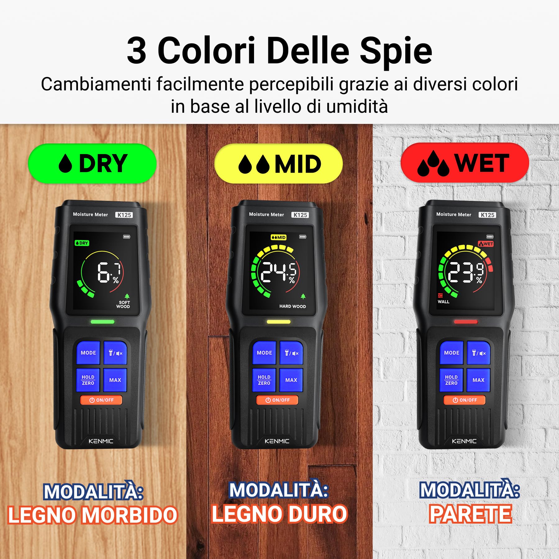 Misuratore di Umidità Senza Ago, Rilevatore di Umidità non Distruttivo per Legno, Muri e Cartongesso con Display LCD, Allarme Acustico, 4 Modalità, Profondità di Rilevamento 19 mm