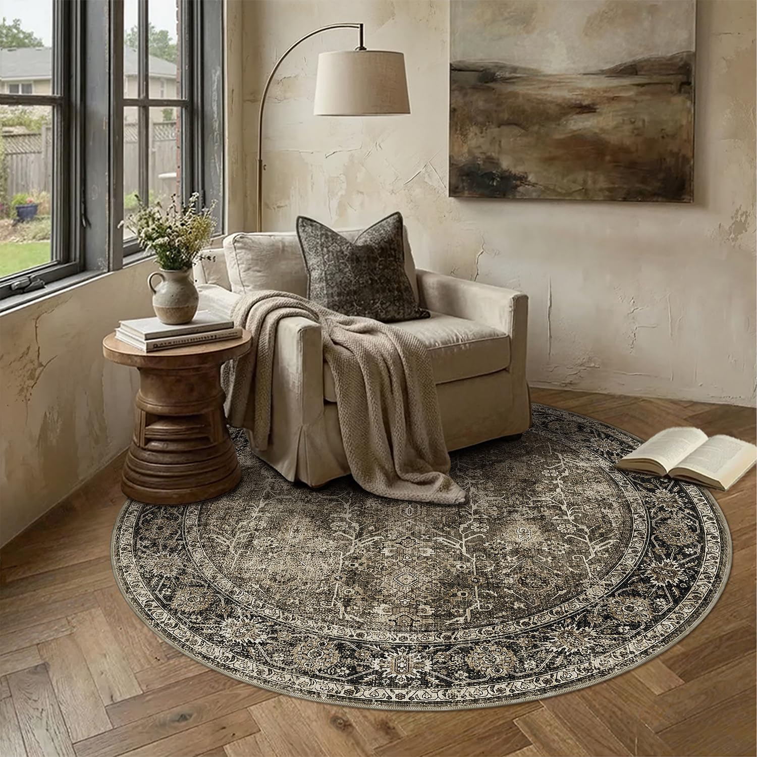 PureCozy Brown Round Area Rug 5ft Vintage Traditional Distressed