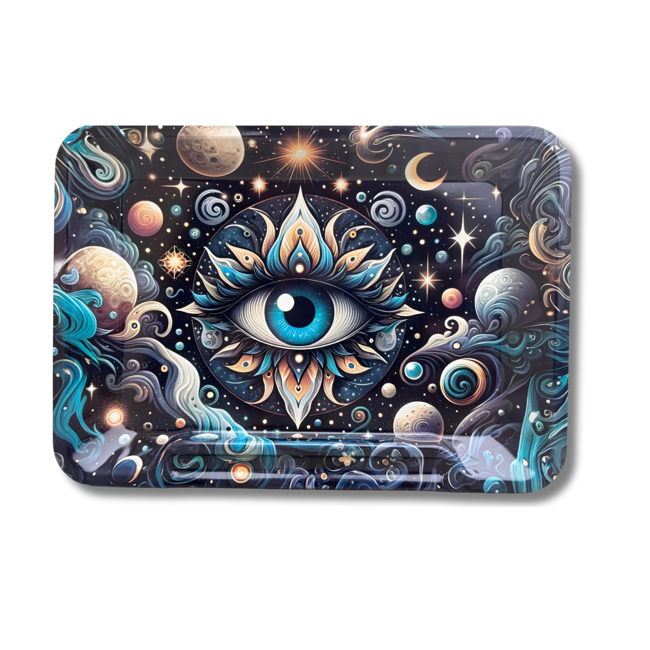 Mystic City Rolling Tray 15x20cm Cosmic Third Eye Metal Tray Galaxy Stars Moons Spiritual Psy Art Desk Organiser Durable Compact Serving Tray Decorative Gift for Him Her Novelty Home Accessory