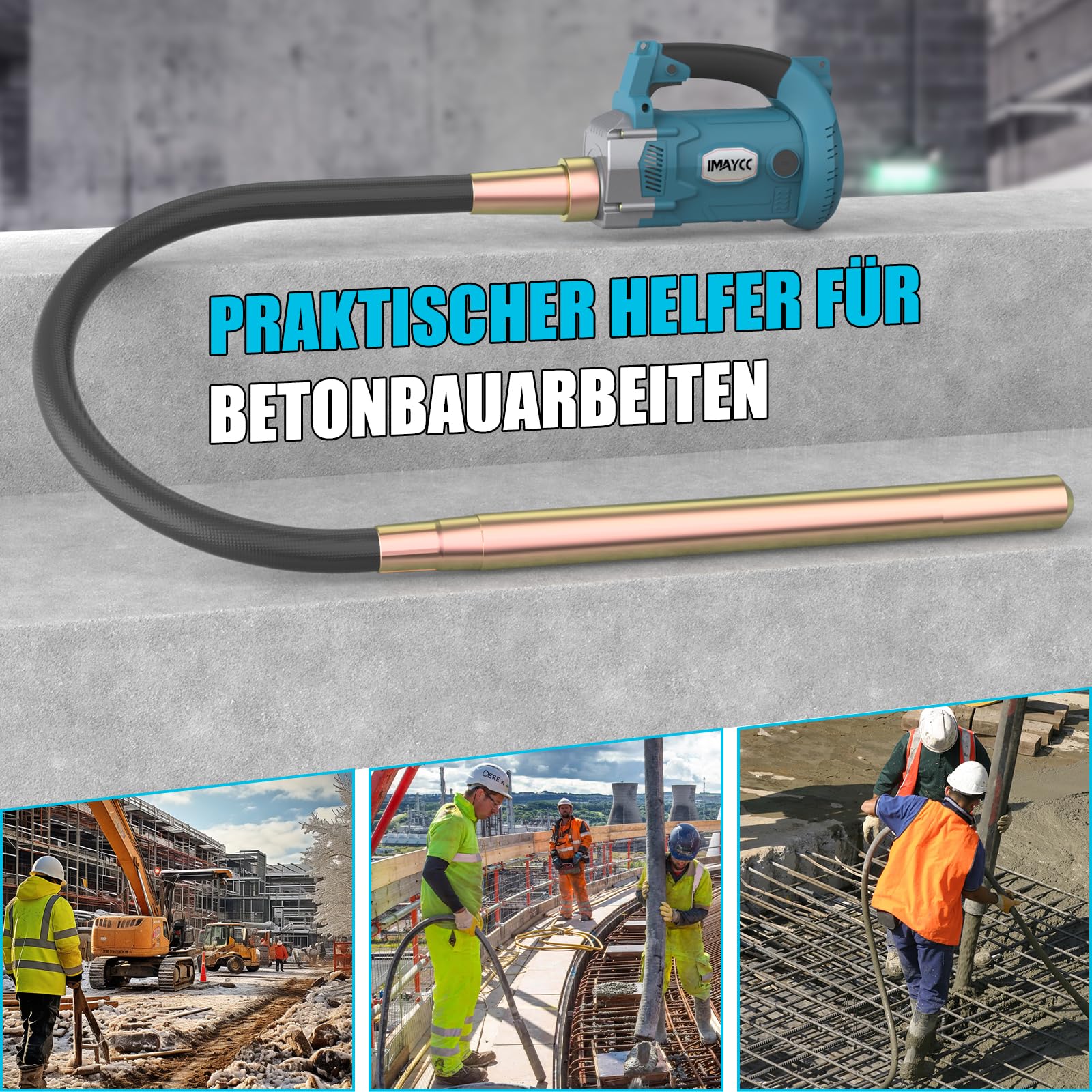 IMAYCC Tragbarer Elektrischer Betonrüttler Mit Kraftersparnisgurt, 1600W Hand Beton Rüttelflasche, 2M langer Kupferstange Betonwerkzeuge Beton Rüttelflasche für Betonbauanlässe wie Straßen,Haus usw