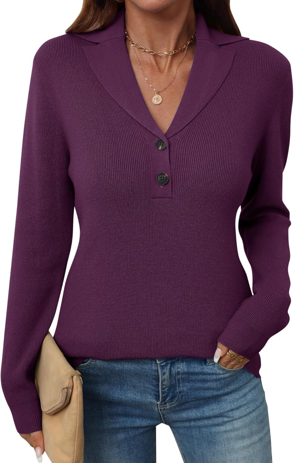 LOMON Sweaters for Women 2025 Fall Knitted V-Neck Collared Button Pullover Dressy Casual Long Sleeve Polo Shirts Business