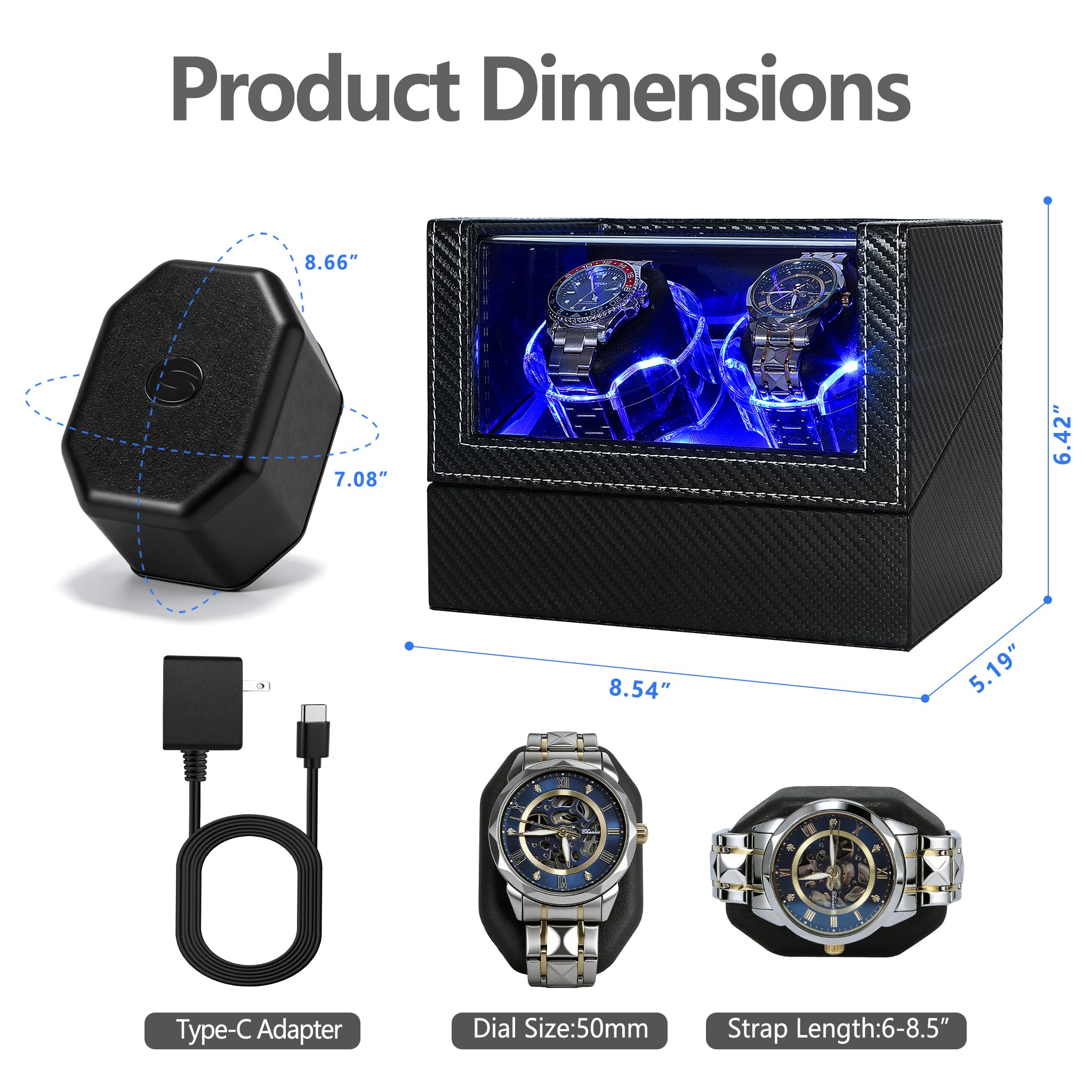 Anyasun Uhrenbeweger für Automatikuhren: doppelte automatische Uhrenbox mit super leisem Motor und LED-Hintergrundbeleuchtung, 4 Modi drehbares Uhrengehäuse, Typ-C-Adapter