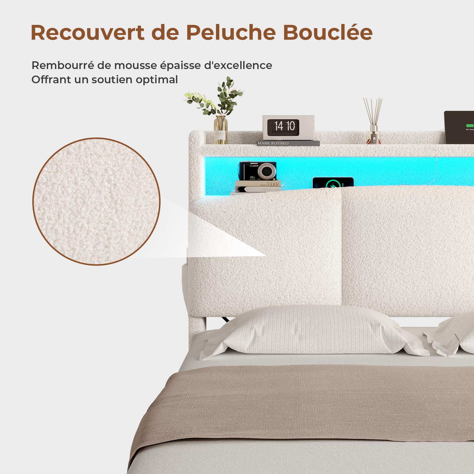AOGLLATI Polsterbett 140×200 mit Steckdosen und LED-Beleuchtung, Doppelbett mit Stauraum Kopfteil, Bett 140×200 mit Hydraulische Metallrahmen und Lattenrost aus Holz, Bouclé, Beige（Ohne Matratze）