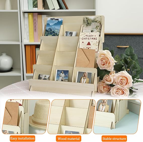 Greeting Card Display Stands,4 Tier Wood Sticker Display Racks,Multi-Purpose Counter Retail Display Rack,12 Compartments Brochure Holder Stand for Birthday Card, Bookmarks, Postcard,Photos