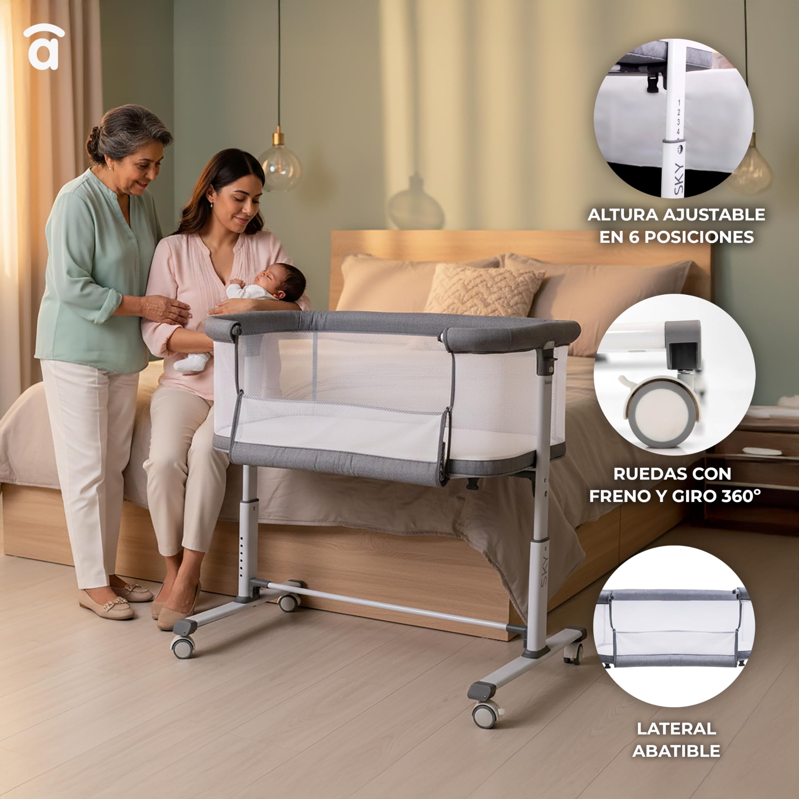 Minicuna de colecho lateral abatible | 6 alturas regulables, colchón incluido, malla transpirable 360º | Certificada EN 1130 y EN 16890 | Sky Gris Asalvo