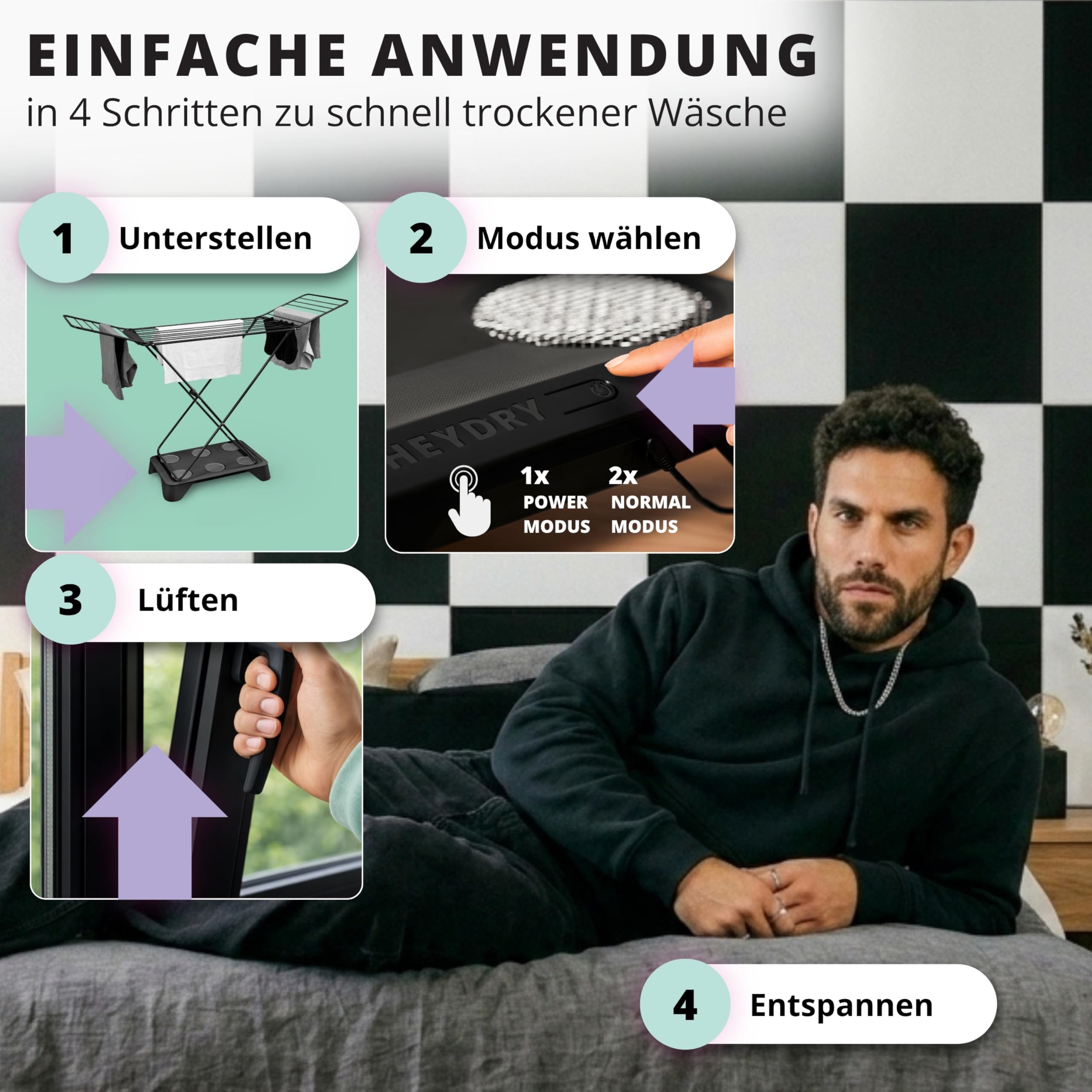 HEYDRY® Wäschetrockner für Wäscheständer – energiesparende Alternative zum Trockner, ohne Hitze, leise & kompakt, schnelleres Wäsche trocknen in Innenräumen, wäscheschonend, Made in Germany