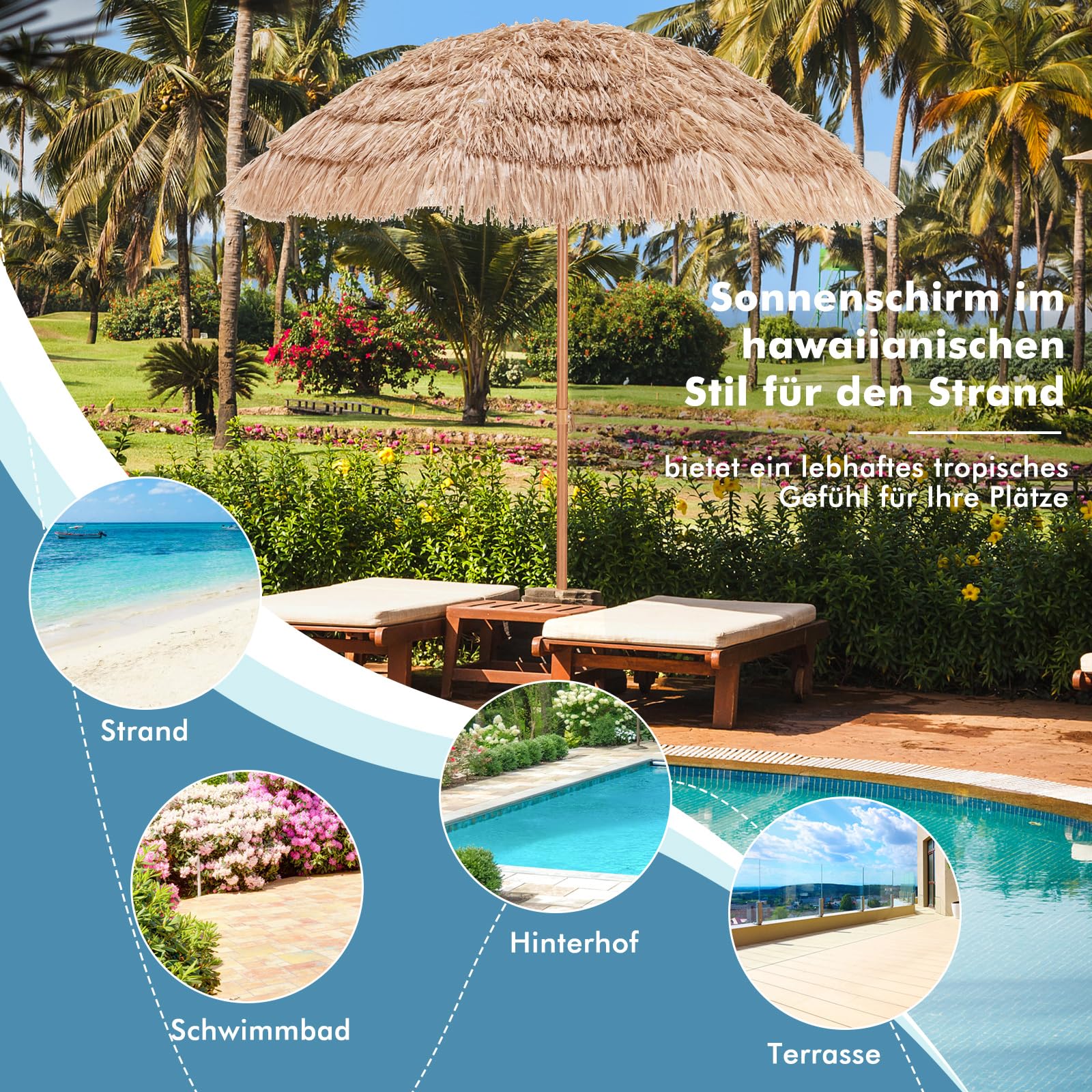 COSTWAY Hawajski parasol przeciwsłoneczny, 208 cm, słomkowy, UPF 50+, możliwość zginania w zakresie 30°, parasol ogrodowy, parasol na taras, na plażę, do ogrodu, na balkon