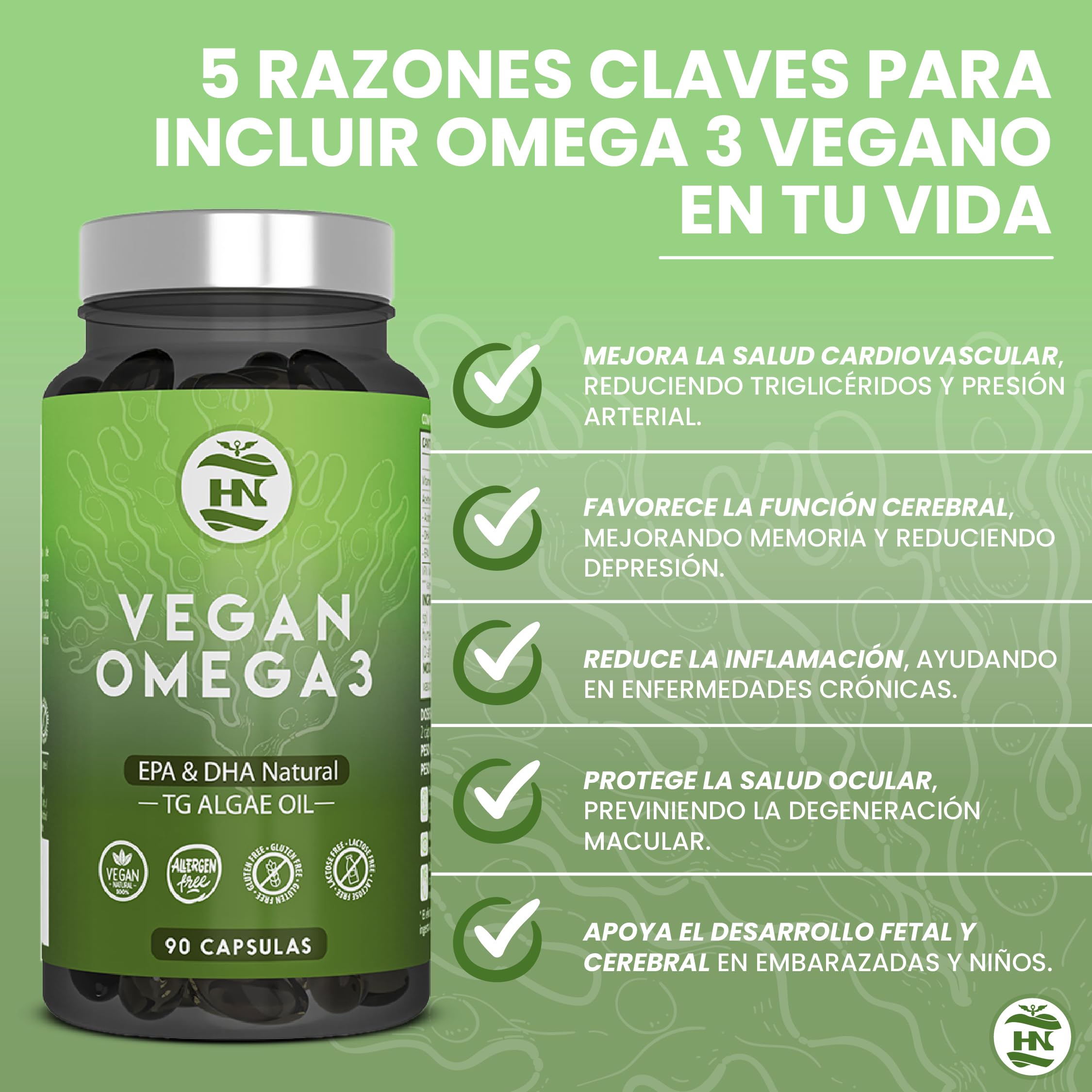Omega 3 Vegano de Algas (90 Caps) Omega-3 Aceite de Algas equilibrado con DHA y EPA, Omega3 Algas Marinas con Vitamina E, Ideal para Cerebro y Corazón, Suplemento para Veganos-Vegetarianos (4 Botes)