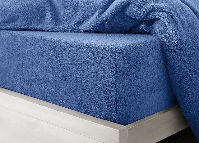 Super Soft Teddy Bear Fitted Sheet Fleece Plush Plain Thermal Fluffy Warm Deep Sheet (French Blue, Double)