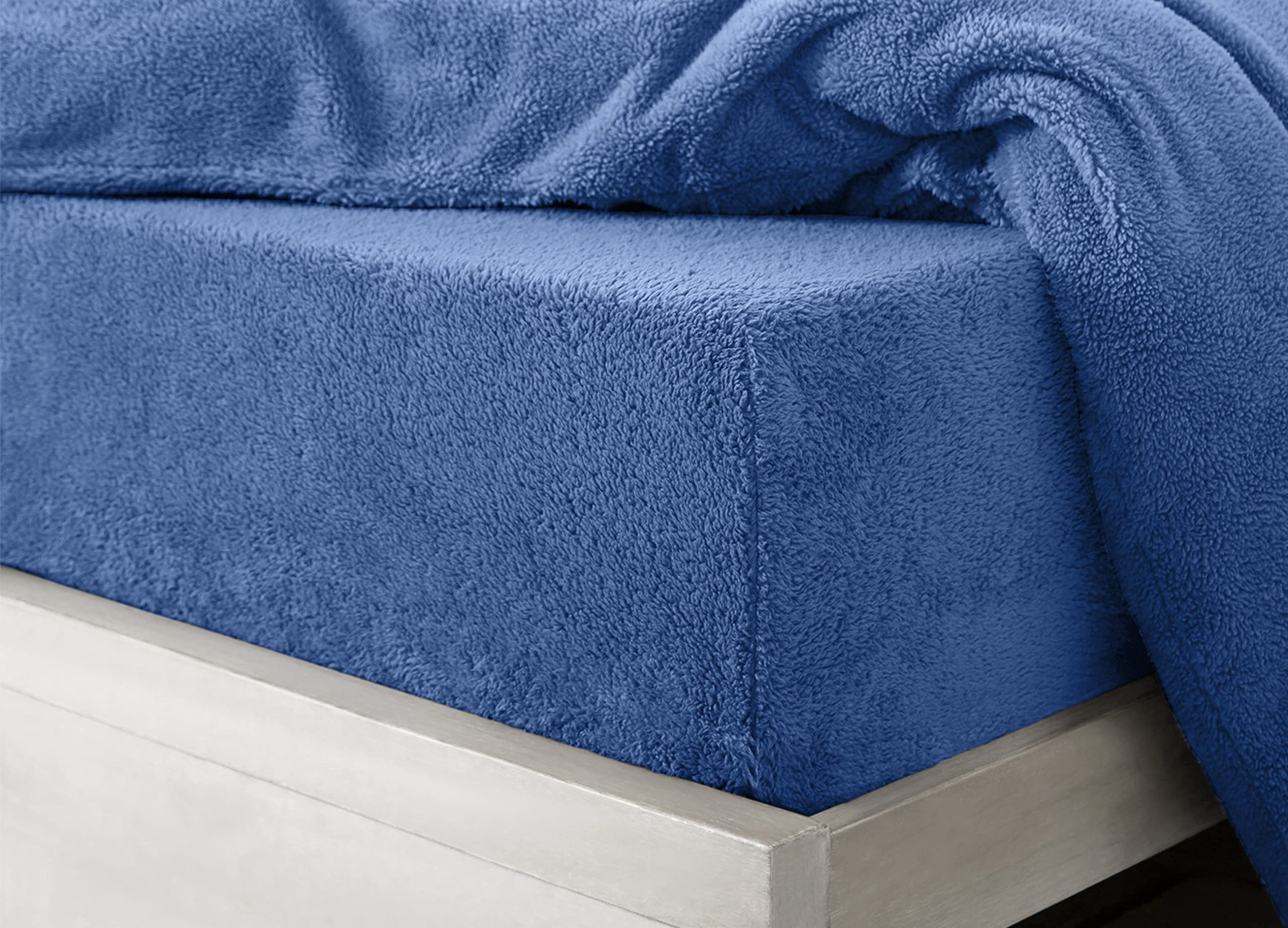 Teddy Cuddle Fleece Fitted Sheets Elasticated upto 30cm Deep Fluffy Warm & Soft Winter Essential Premium No Tear Bed Sheet (Blue, Single)
