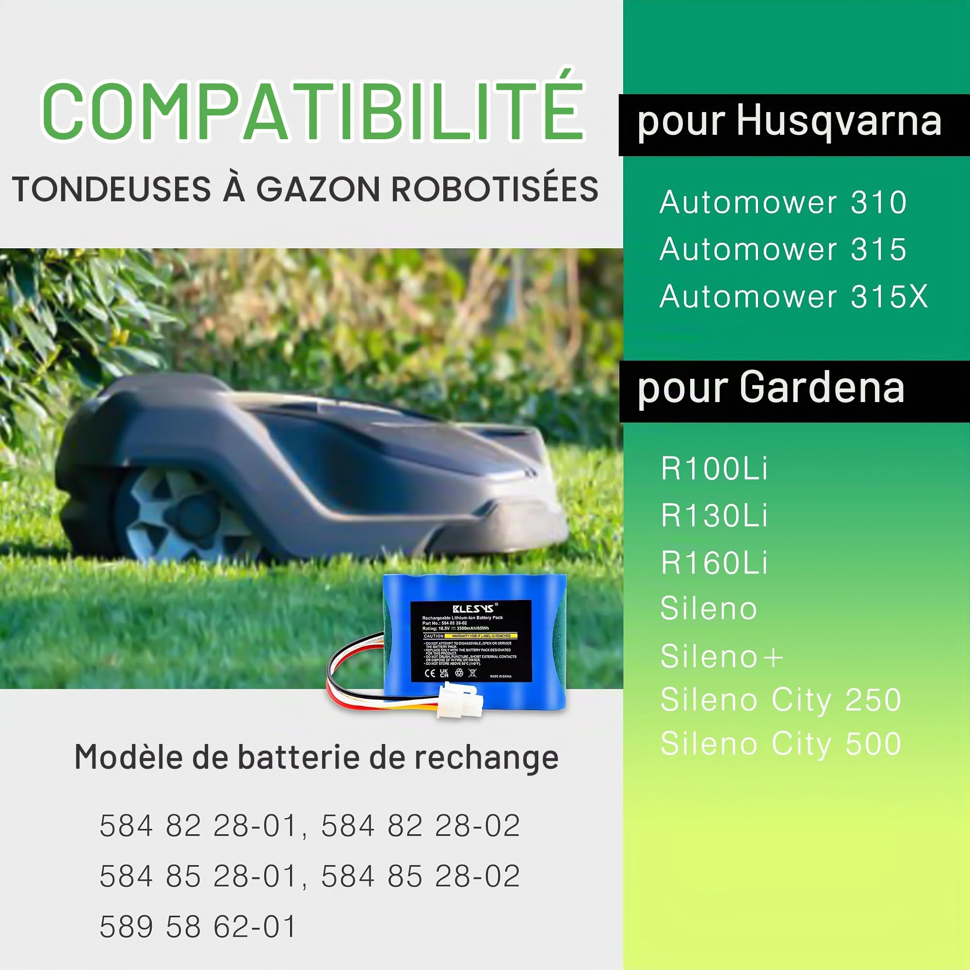 BLESYS 3500mAh Batterie pour Gardena Sileno City 250 500 (2017,2018) Sileno Life, Batterie de Remplacement pour Robot Tondeuse pour Husqvarna Modèles 589 58 62-01,584 85 28-02 [18,5V 65Wh]