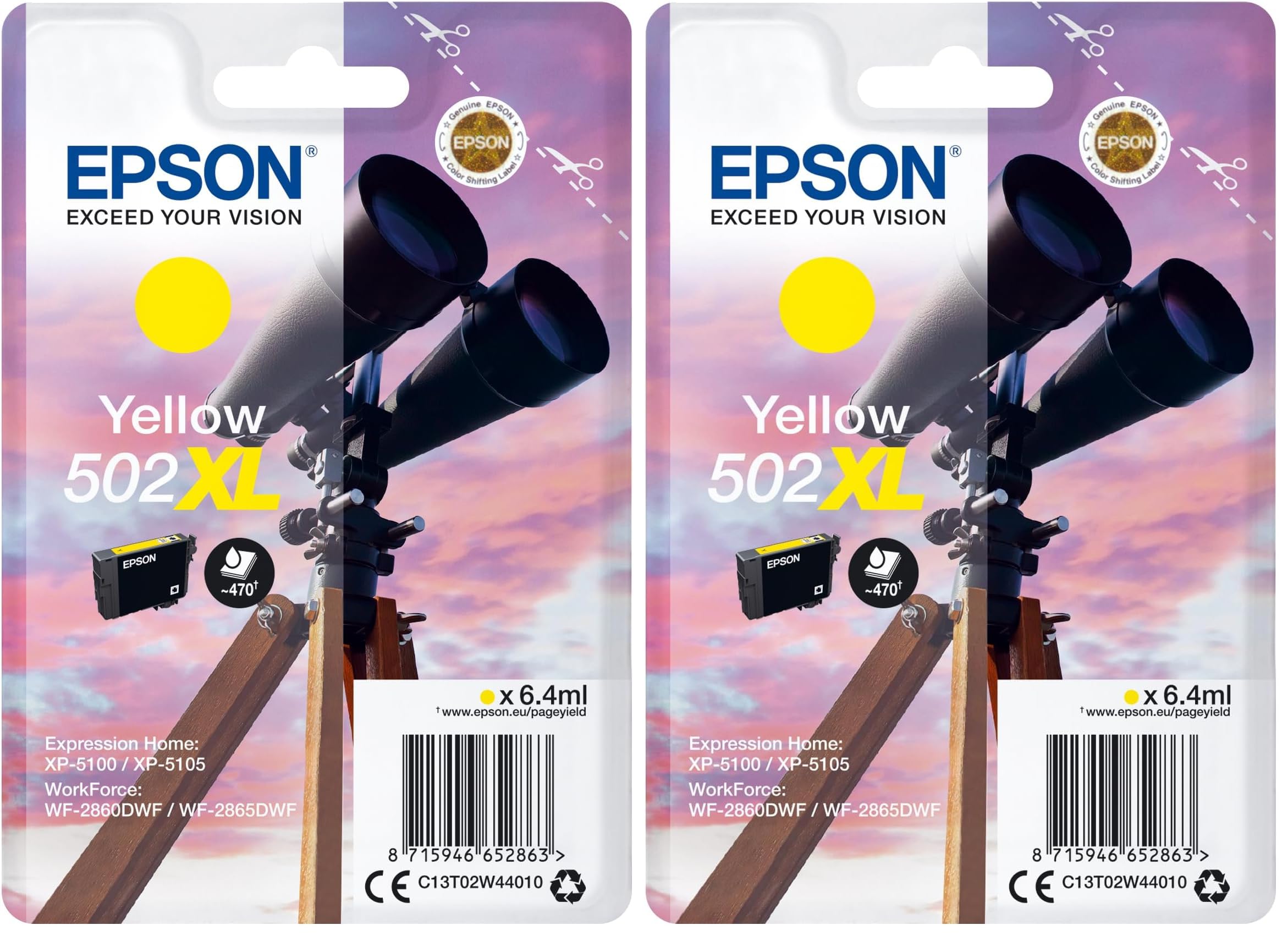 Epson Original 502XL Tinte Fernglas Singlepack gelb XL, XP-5100 XP-5105 XP-5150 XP-5155 WF-2860DWF WF-2865DWF WF-2880DWF WF-2885DWF, ReadyPrint Flex-Tintentarife (Packung mit 2)
