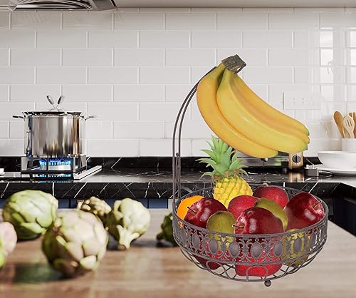 Miniatura 6 de Cesta de frutas Cuenco, con colgador de plátano Adecuado para cocina, decoración de mesa de comedor y almacenamiento (marrón)