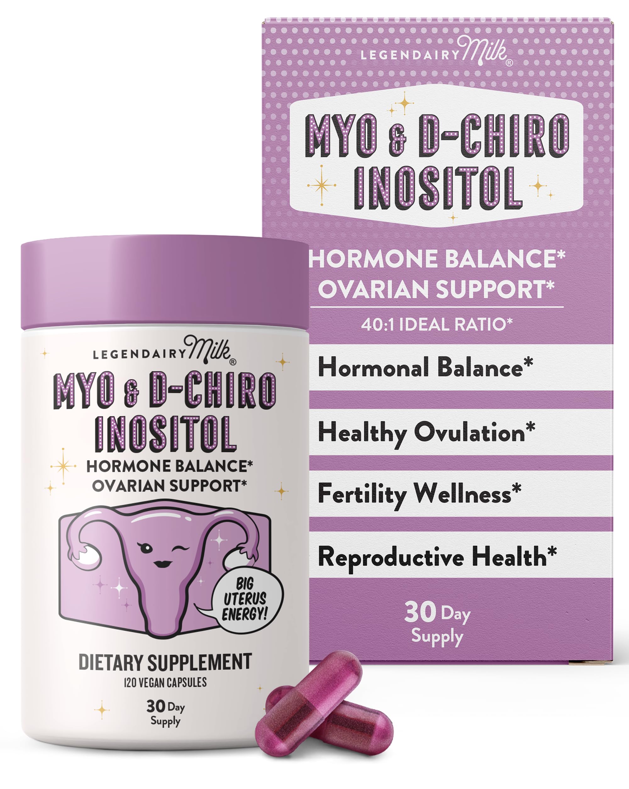 Legendairy Milk Pure Inositol Supplement - Myo Inositol and D-Chiro Inositol Capsules - Ideal 40:1 Ratio - Ovarian & Fertility Support for Women - 30 Day Supply