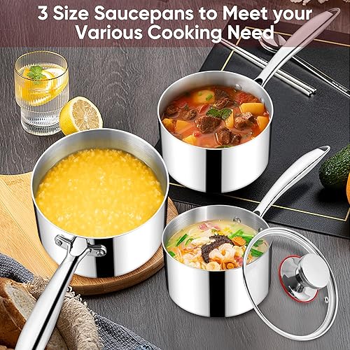 Miniatura 5 de Homikit - Juego de 6 cacerolas de acero inoxidable 1810 de 1 cuarto de galón, 2 cuartos y 3 cuartos de galón con tapas, antiadherentes de tres capas