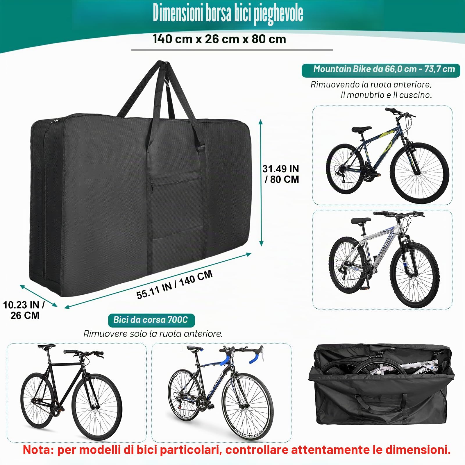 Borsa per il trasporto della bicicletta, 24-29 pollici, robusta 900D, impermeabile, con tracolla, mountain bike, bici da strada e bici pieghevole