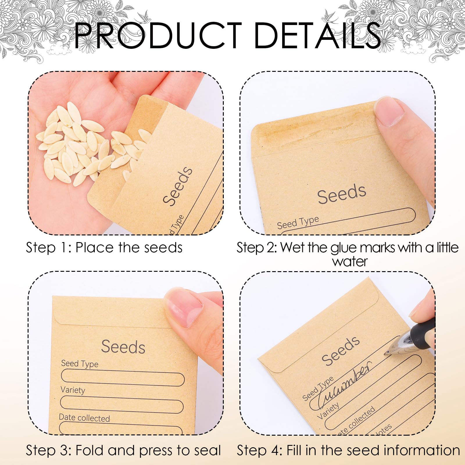 Fuceury 150-Piece Seed Saving Envelopes - 3.15x4.72" Kraft Paper Packets With Label Template For Flower & Vegetable Seeds - View #14