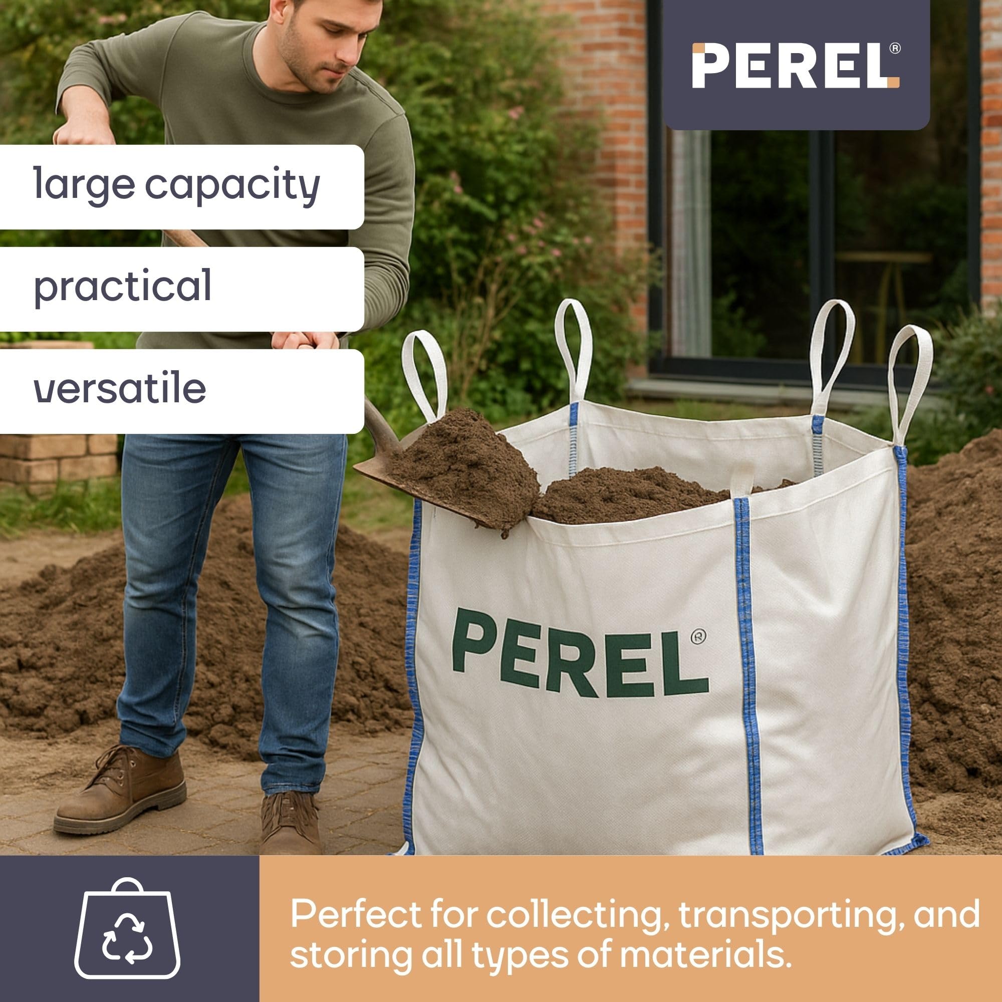 Perel Big bag 1000 litrów 1m3, worek na gruz 1000 kg, 95 x 95 x 110 cm, odporny na UV, 2 uchwyty do podnoszenia, worek na odpady budowlane piasek żwir ziemia, polipropylen 180 g/m2