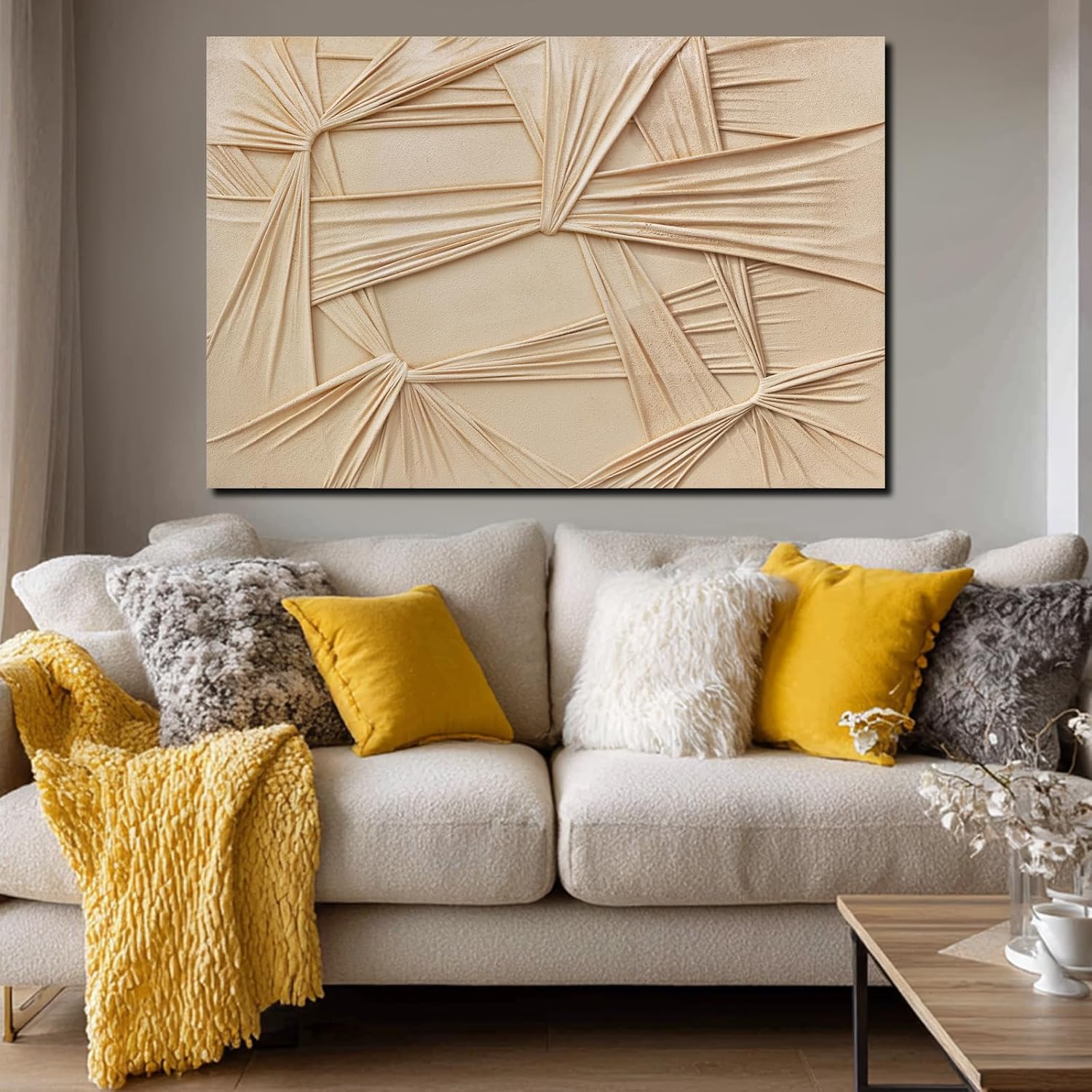 YLLTIEM Hand Painted Textured Abstract Wall Art Beige Canvas Minimalist Decor 24x36 inch