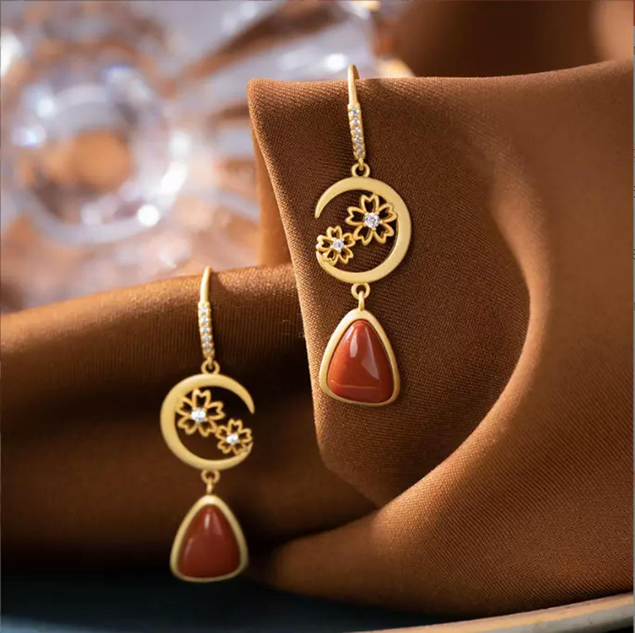 Orecchini Pendenti Con Fiore In Giada Rosa E Argento 925 - Gioiello Naturale Donna