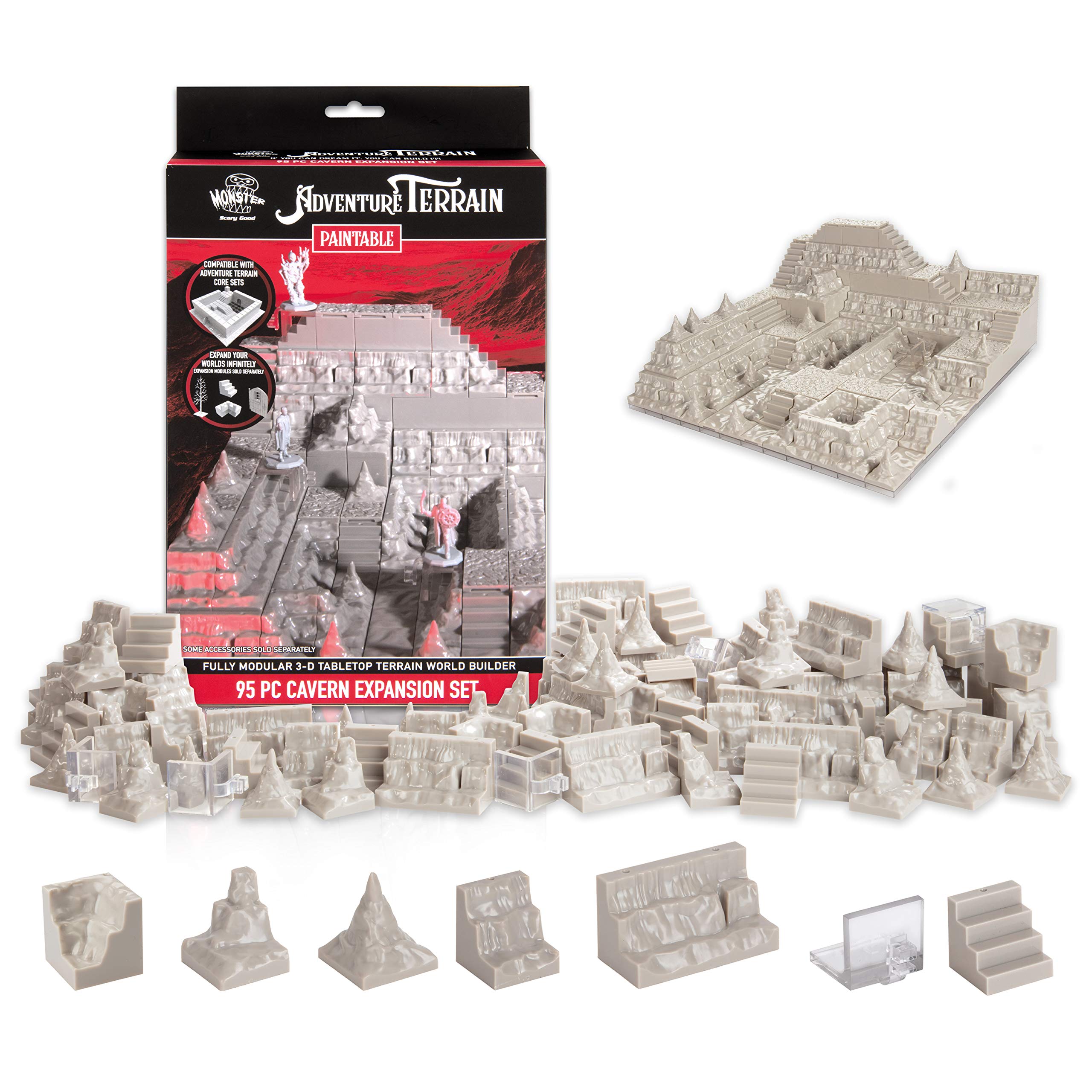Monster Adventure Terrain - 95pc Unpainted Cavern Expansion Set - Fully Modular and Stackable 3-D Tabletop World Builder Compatible with DND Dungeons Dragons, Pathfinder, and All RPG Games