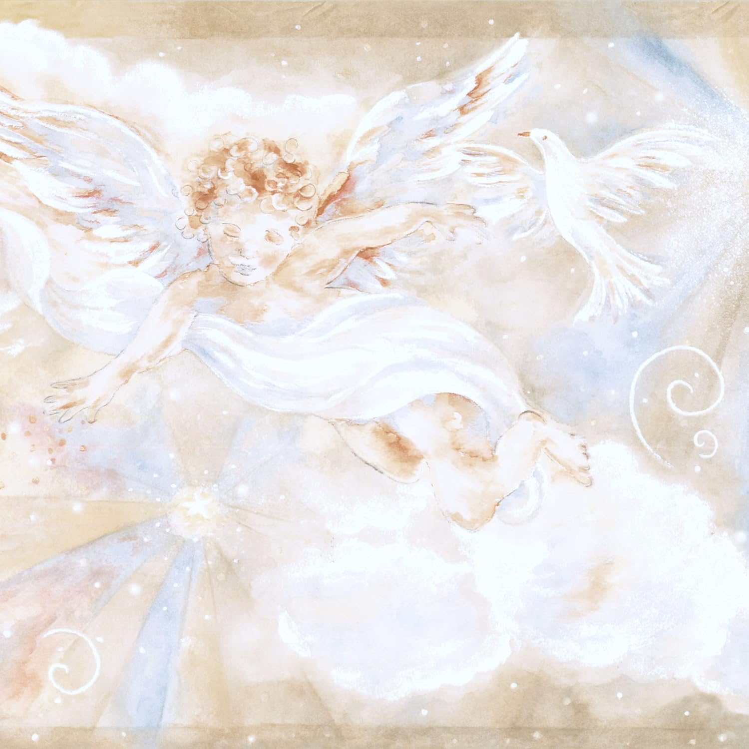 CONCORD WALLCOVERINGS ™ Wallpaper Border Pattern Cupids Dove Clouds for Bedroom Room Nursery Room, Beige Cream, 15 ft by 8.5 in SI37142B