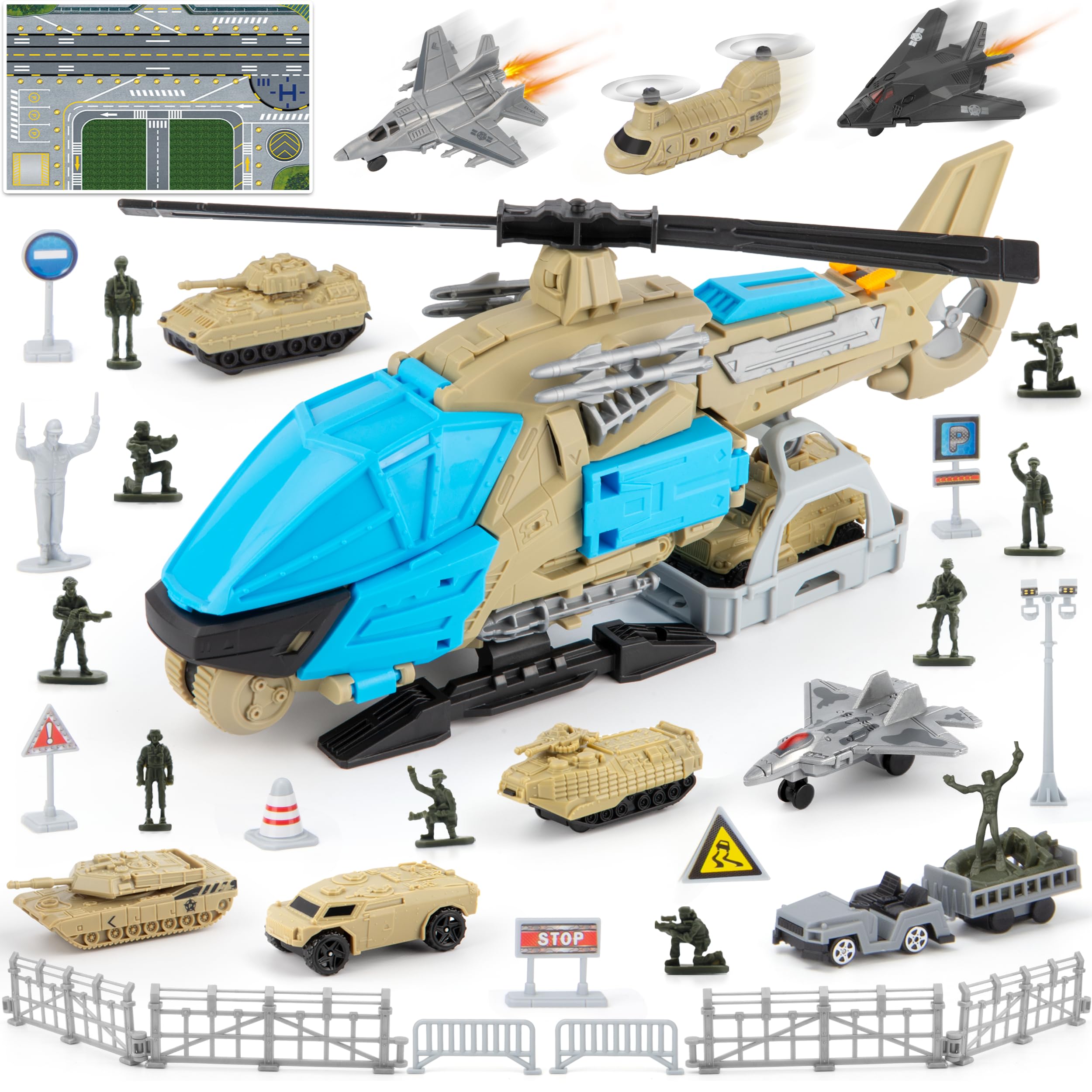 Juguetes militares de helicóptero, juego de juguetes del ejército con 10 vehículos, tanques, aviones, aviones, hombres del ejército y tapete de juego, regalo de cumpleaños para niños