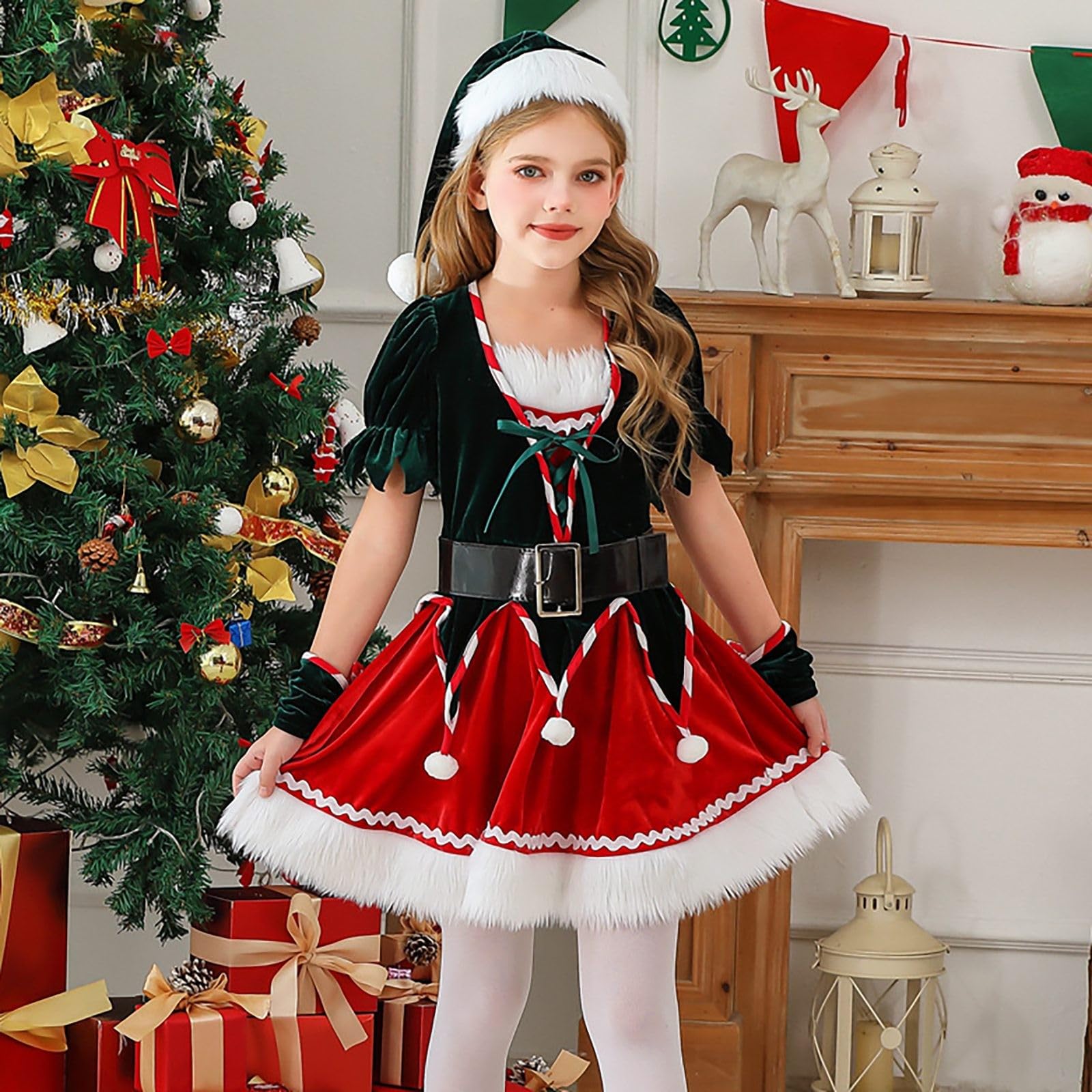 Weihnachtskleid Mädchen 122, Baby Mädchen Weihnachten Kleid Weihnachtsoutfit Weihnachtsfeier Kleiderset für Kinder Weihnachtsmannumhang und Weihnachtsbaumkleid