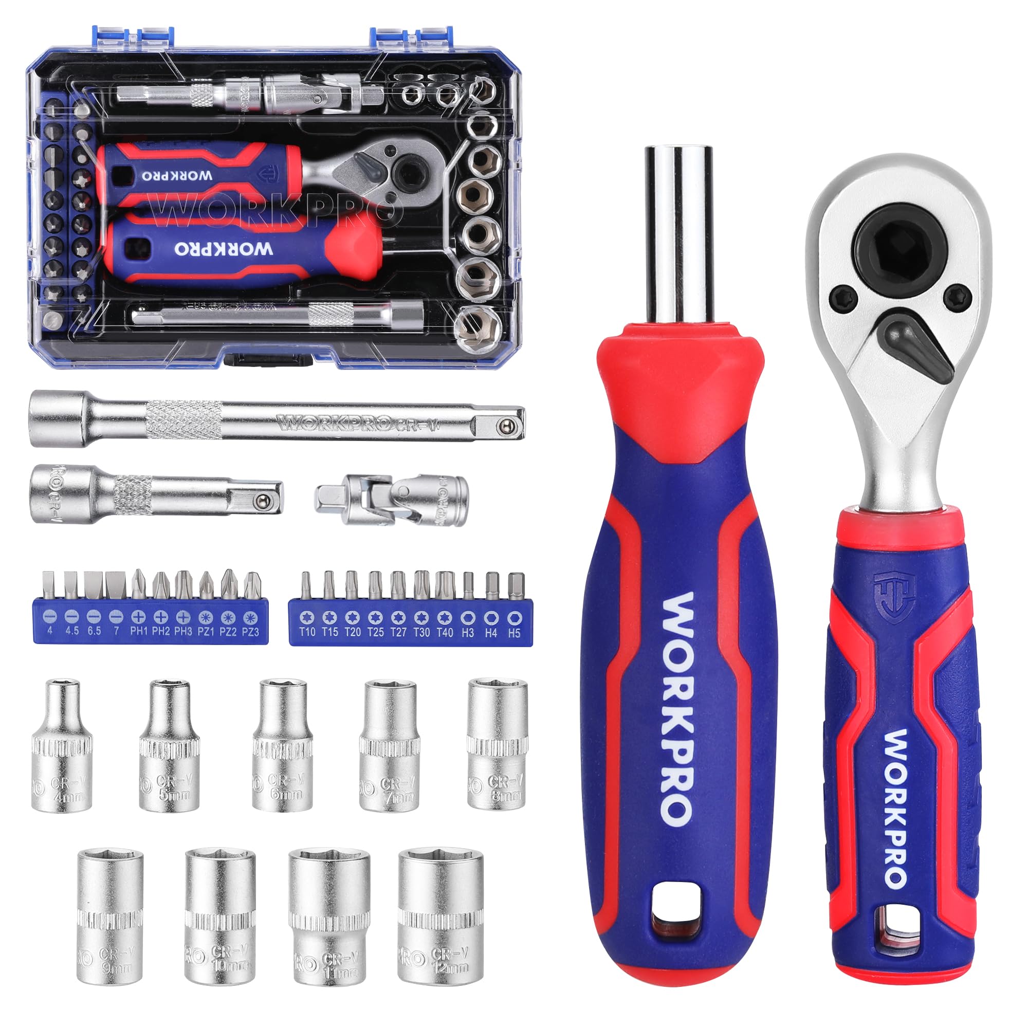 WORKPRO Caja de Herramientas, Juego de 34 Piezas de Llaves de Vaso de 1/4", Set de Trinquete con Destornillador y Puntas, Llave de Carraca de 72T para DIY, Reparación de Coches, Mantenimiento Diario