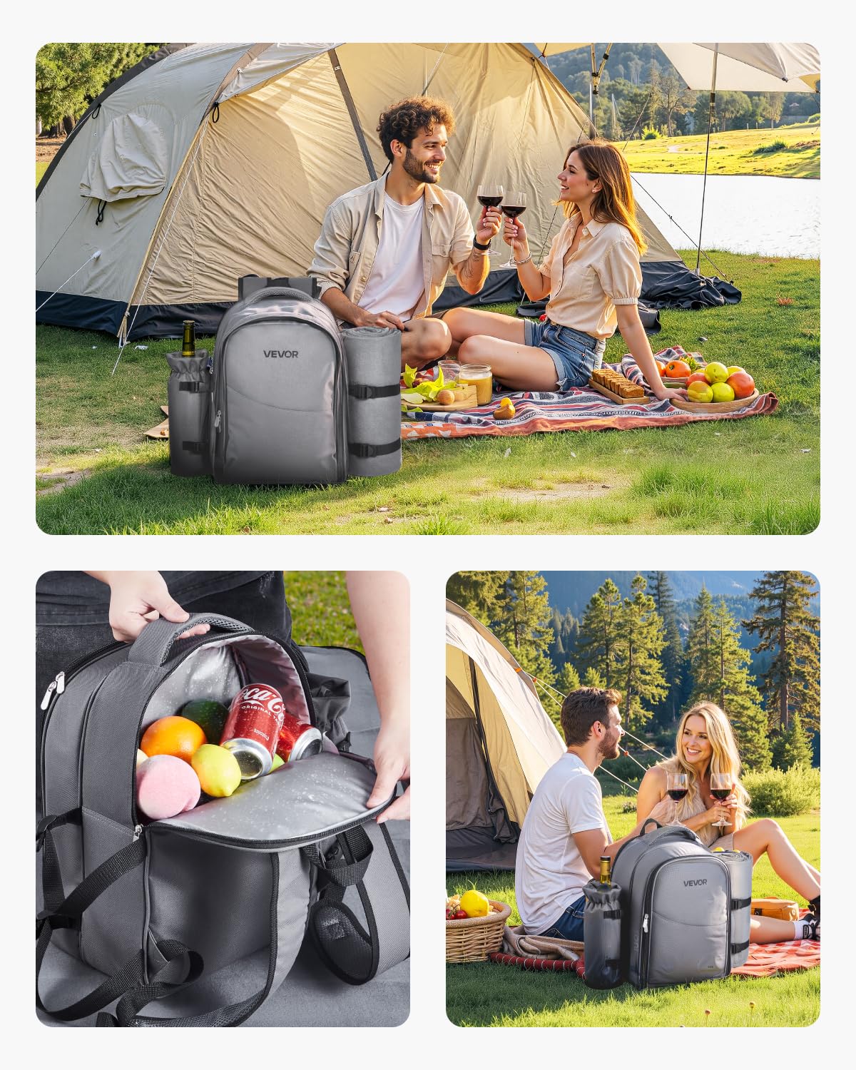 VEVOR Picknickrugzak, ideaal voor het strand, voor 2 personen, met thermovak, afneembare flessenhouder/wijnhouder, lichte deken, bord en bestek, grijs, inhoud 20 l VEVOR Picknickrugzak, ideaal voor het strand, voor 2 personen, met thermovak, afneembare flessenhouder/wijnhouder, lichte deken, bord en bestek, grijs, inhoud 20 l