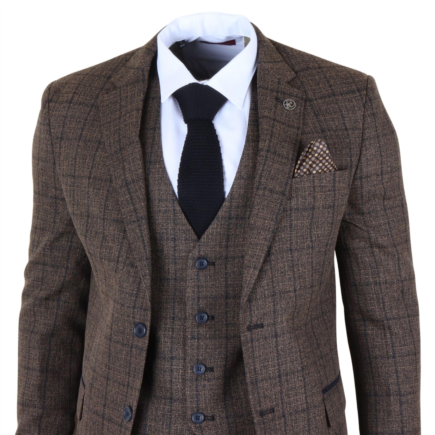 Traje de vestir formal de 3 piezas a cuadros para hombre, color marrón oscuro