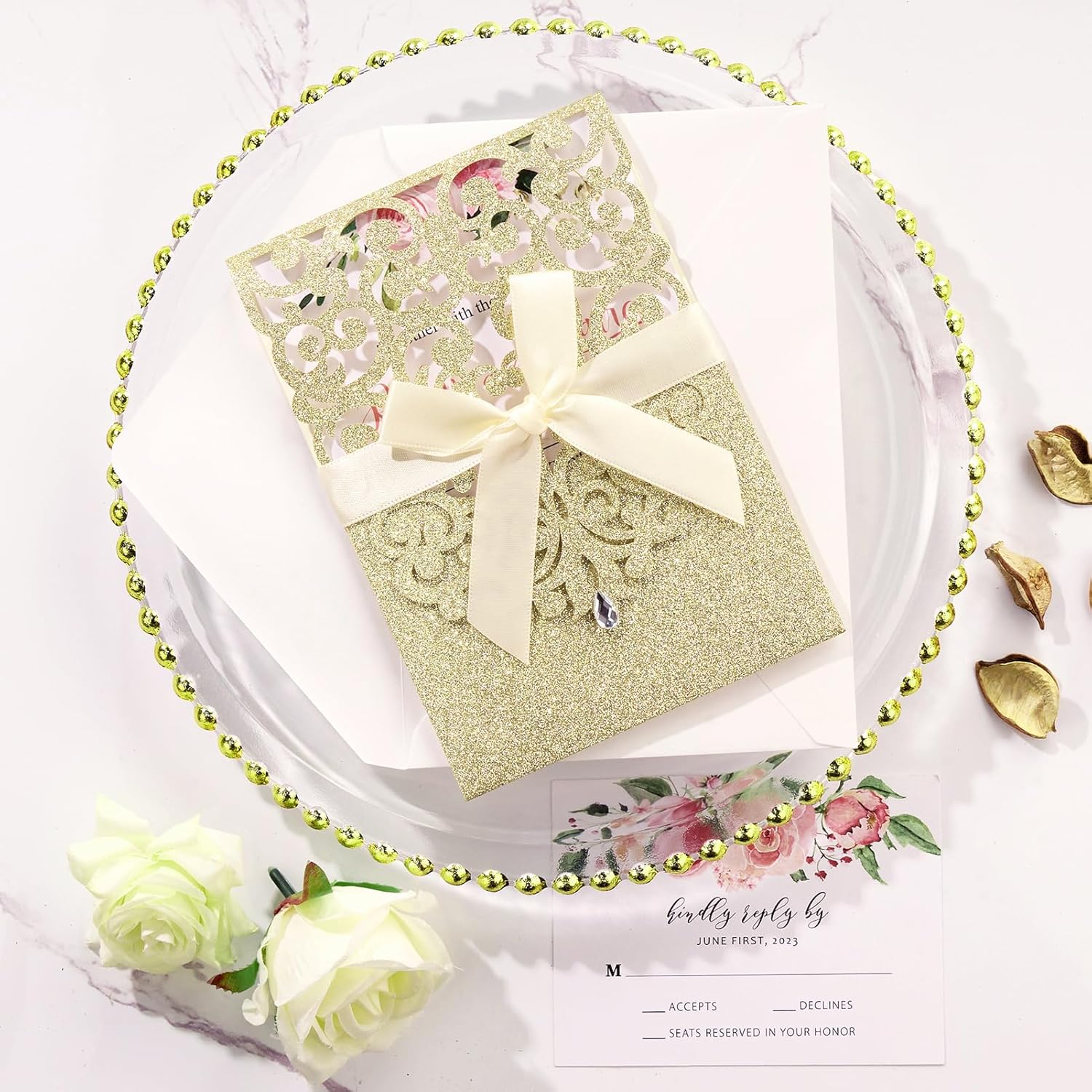 Gold Glitter Wedding Invitation 50PCS, Laser Cut Invitations with Envelopes and RSVP Cards Blank Inner Sheets for Wedding Quinceanera Bridal Shower Engagement Party