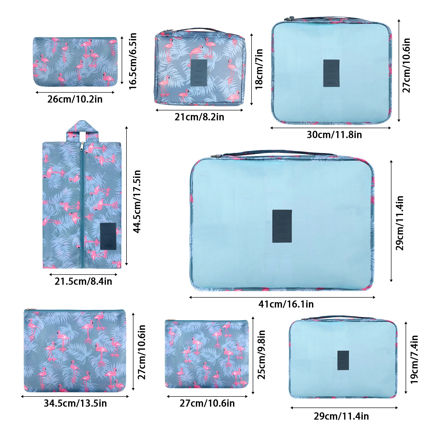 Coolzon Organizer Valigie Viaggio Set 8 Pezzi set, Cubi di Imballaggio Organizer Valigia Perfect Storage Travel Luggage Organizer per i vestiti,Cosmetici,Scarpe,Intimo,Fenicottero Blu