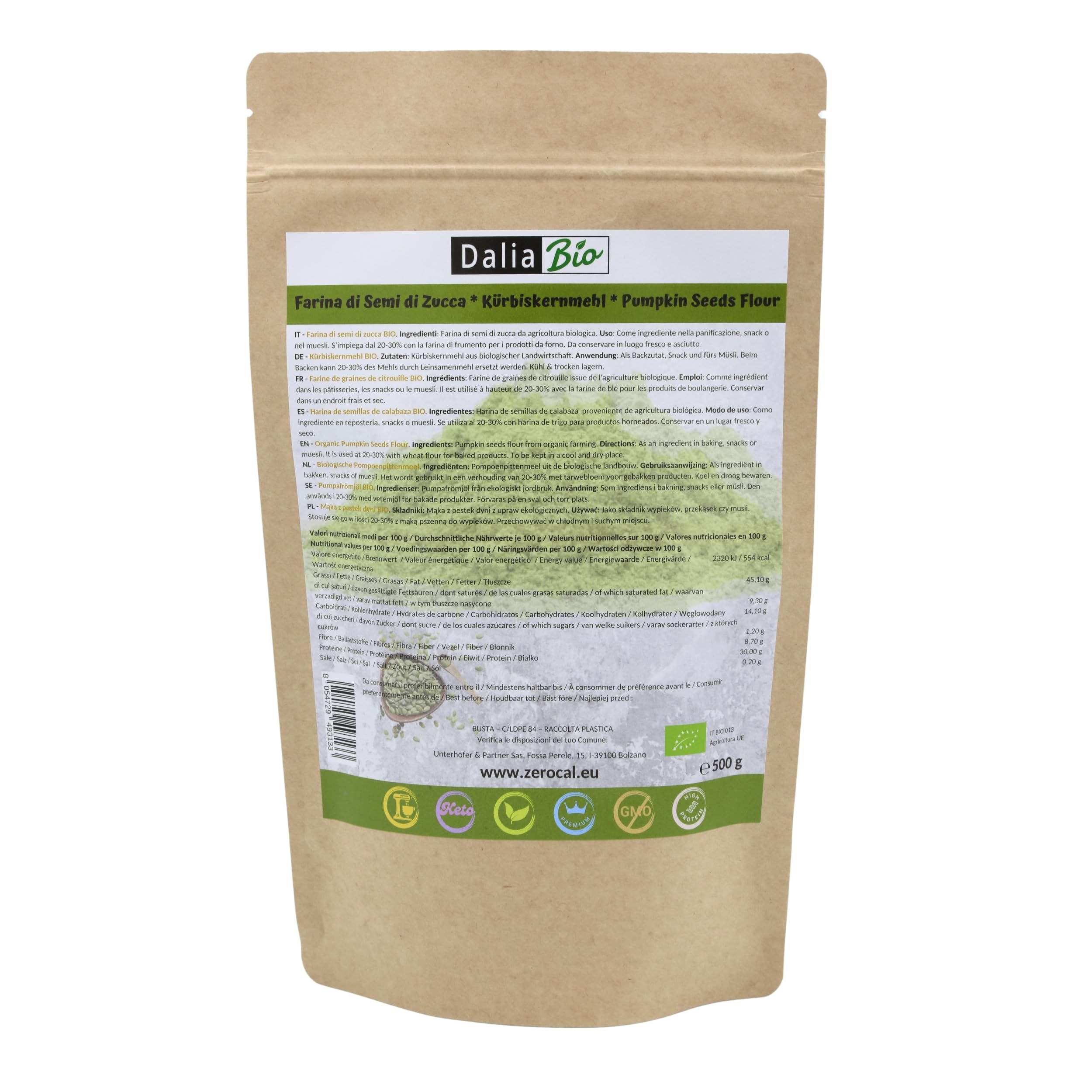 Dalia - Harina de Semilla de Calabaza Orgánica 500g | Semillas de Calabaza Molidas | Bajo en Carbohidratos, Rica en Omega 3 y Fibra | Vegano y sin gluten